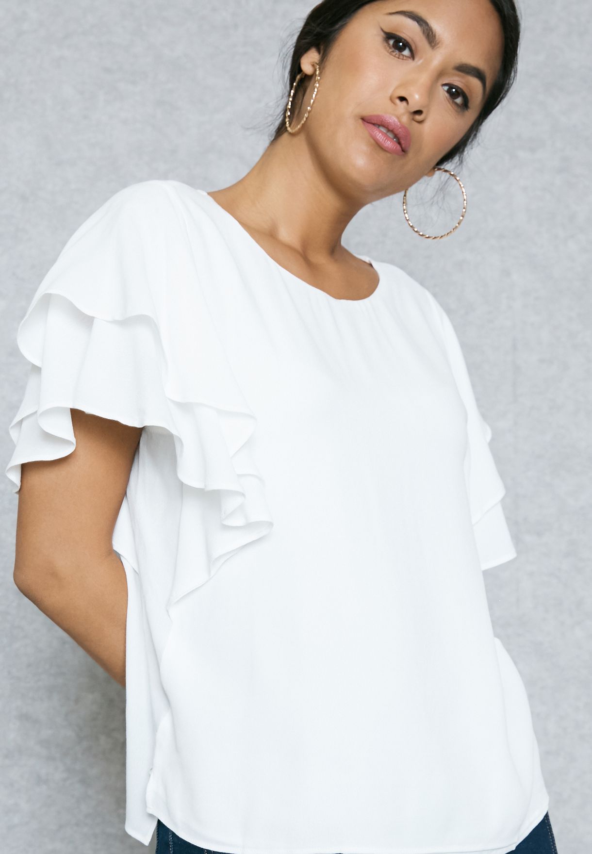 womens white ruffle sleeve top