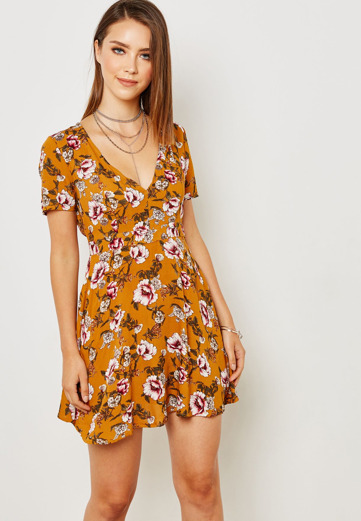 polo collar floral printed skater dress