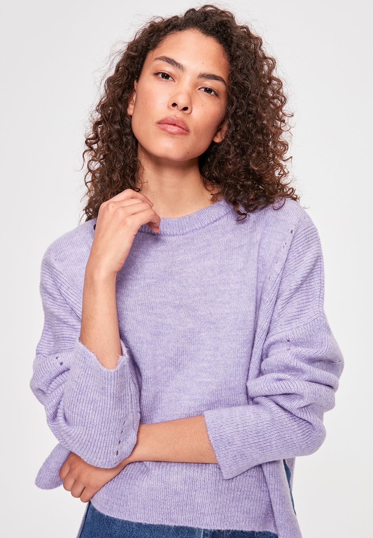 purple ribbed sweater