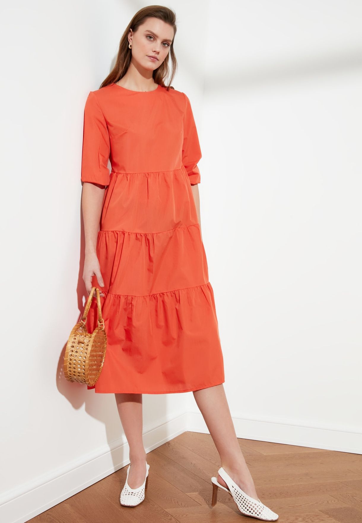 Buy Trendyol orange Balloon Sleeve Tiered Hem Dress for Women in MENA ...
