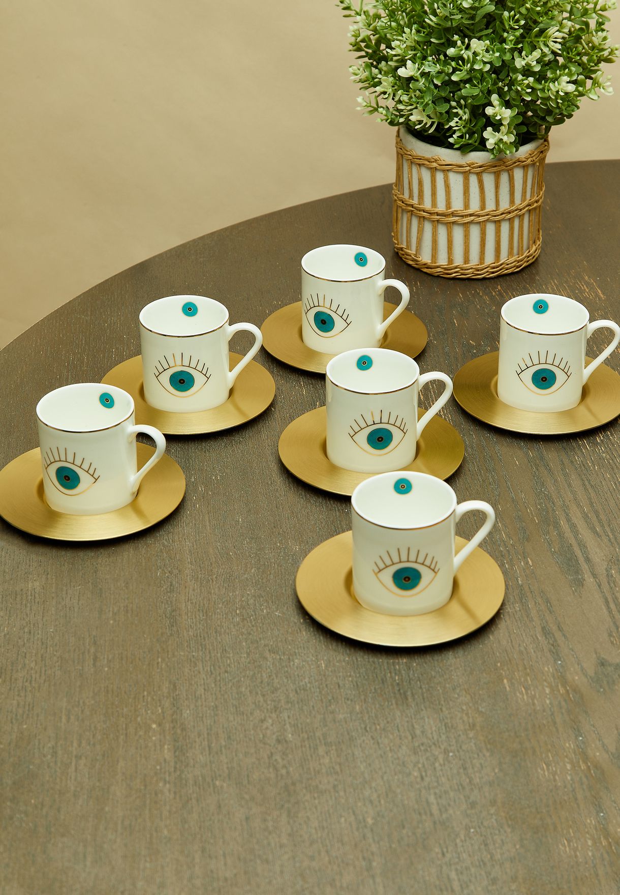 Set Of 6 Eye Espresso Cups With Brass Saucers