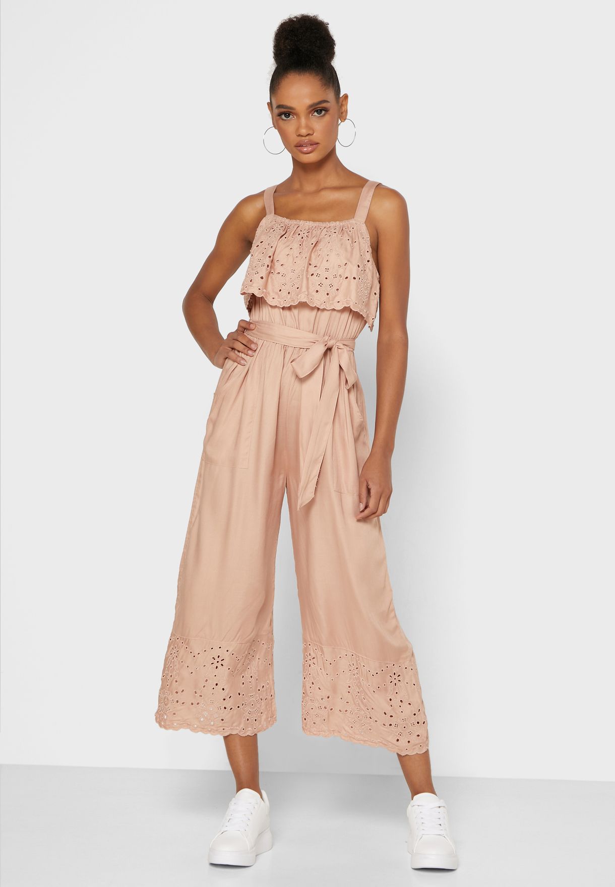 beige wide leg jumpsuit