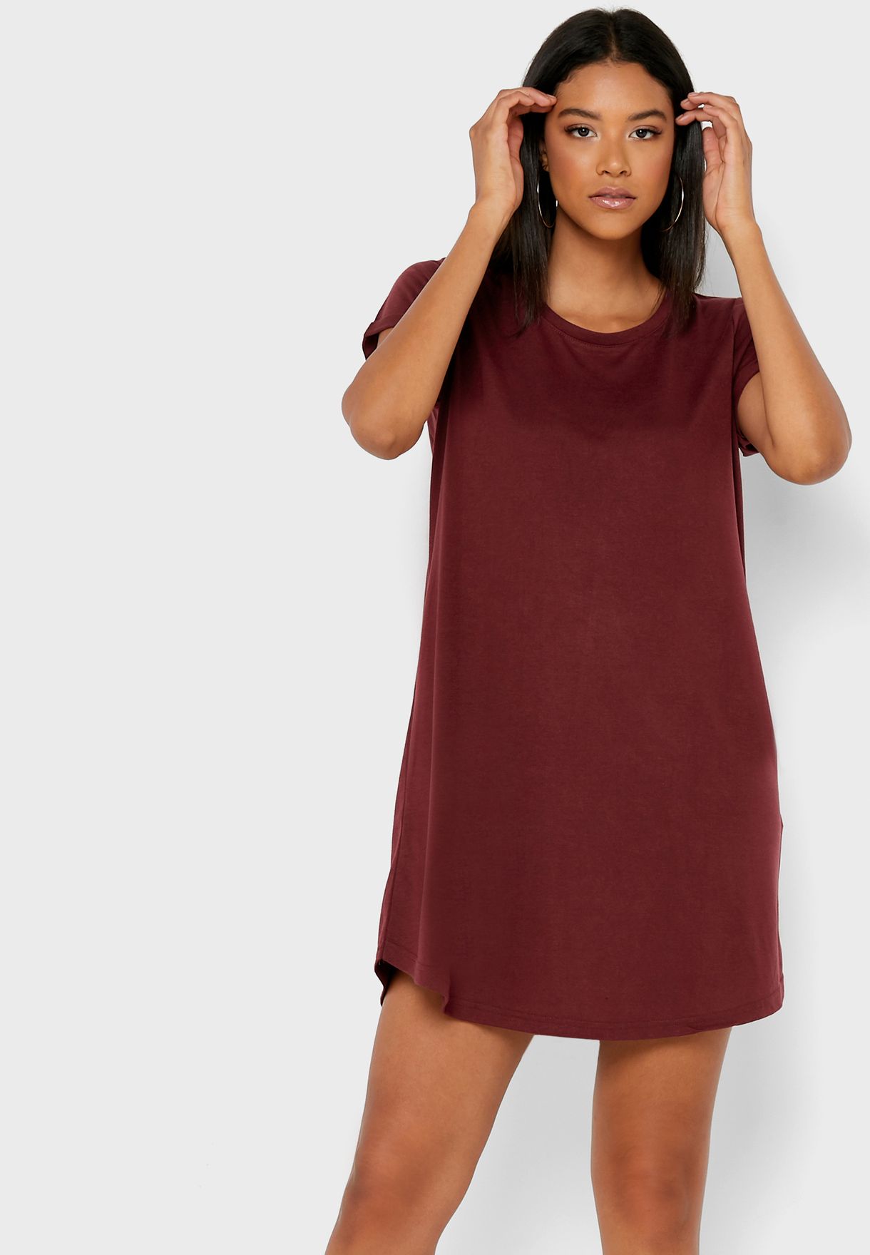 burgundy Roll Sleeve T-Shirt Dress ...