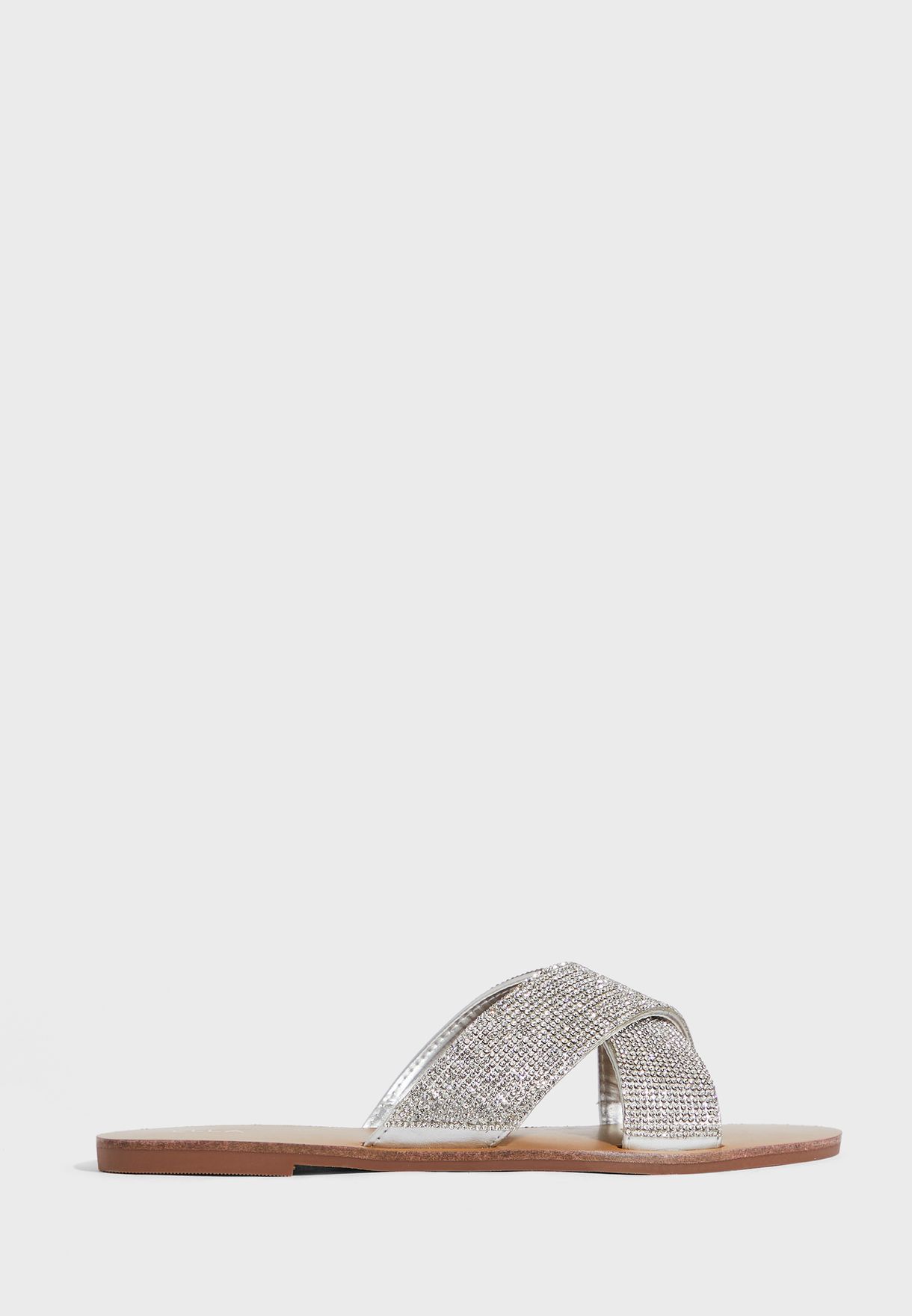 silver diamante flip flops