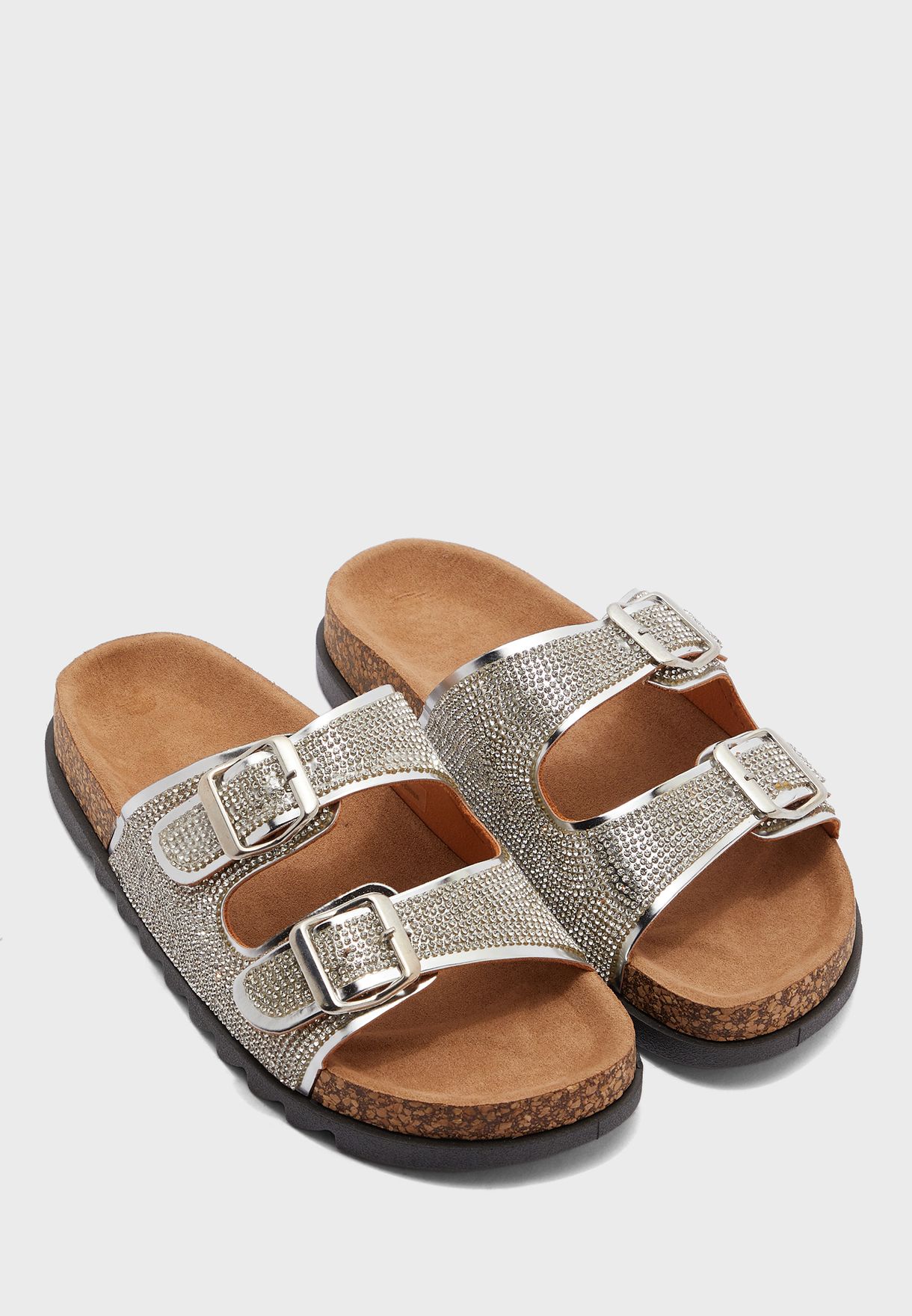 silver double strap sandals
