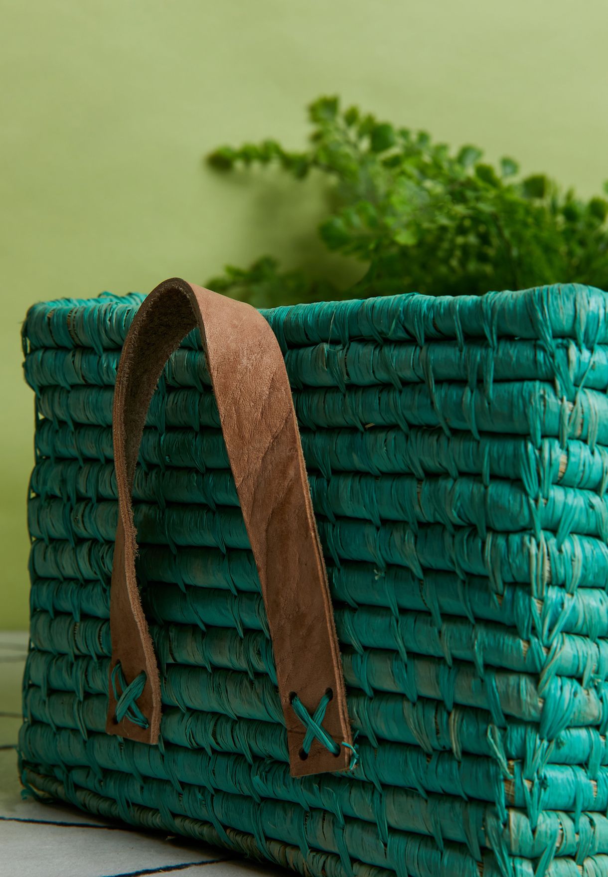 Raffia Storage Basket With Leather Handles