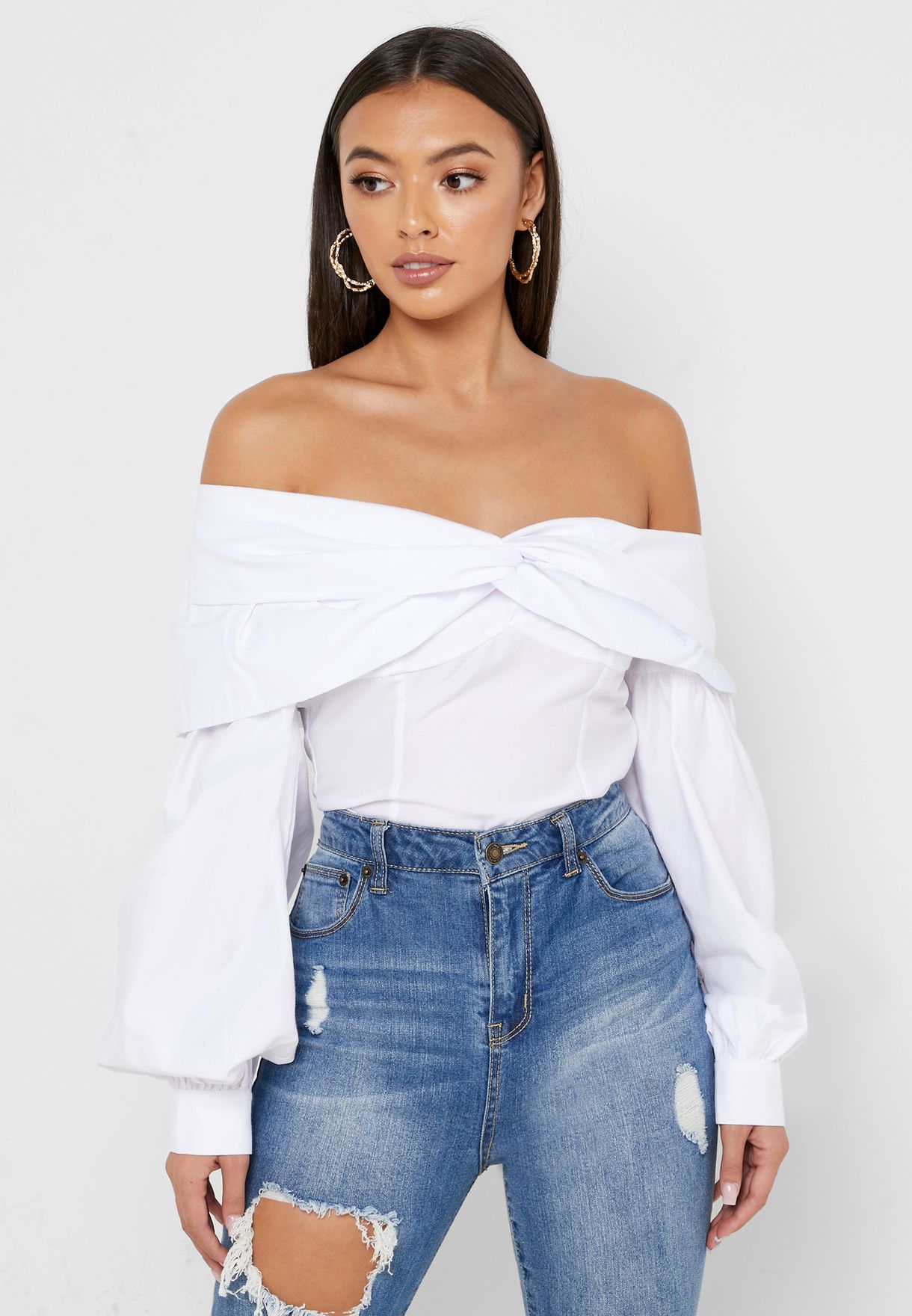 white off shoulder balloon sleeve top