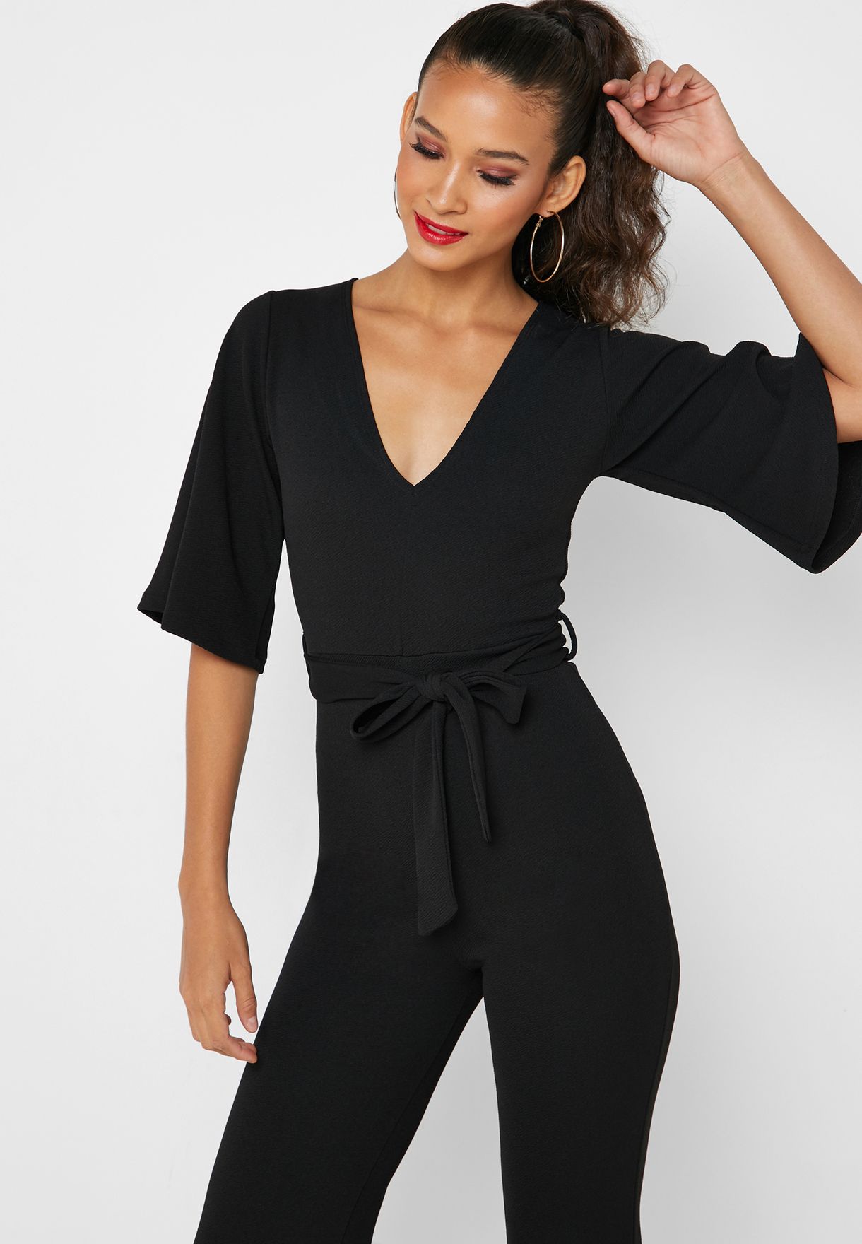 plunge jumpsuit with sleeves