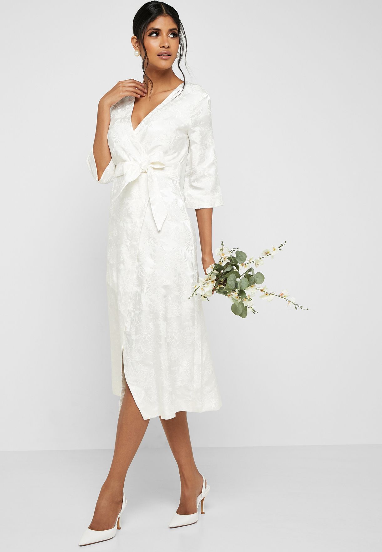 Closet white Jacquard Wrap Midi Dress ...