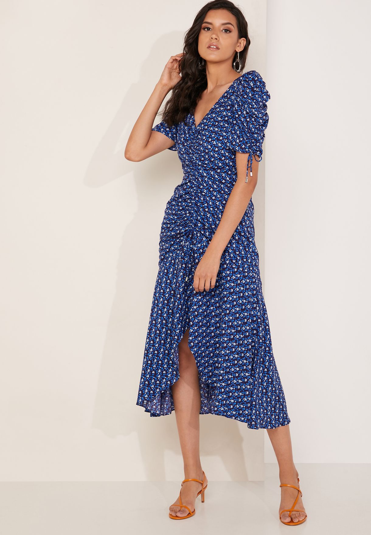 ruched puff sleeve midi dress