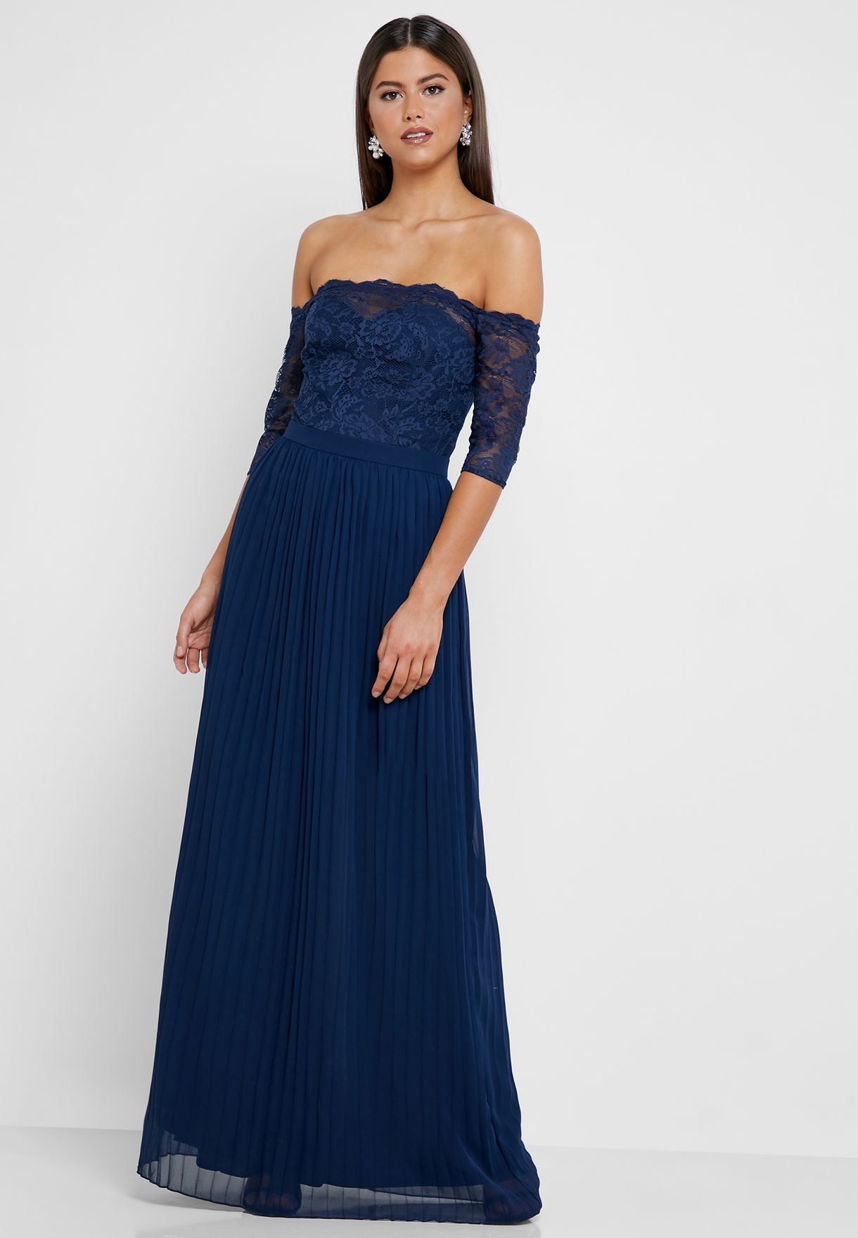 Buy Chi Chi London Navy Bardot Lace Pleated Dress For Women In Riyadh Jeddah 1487