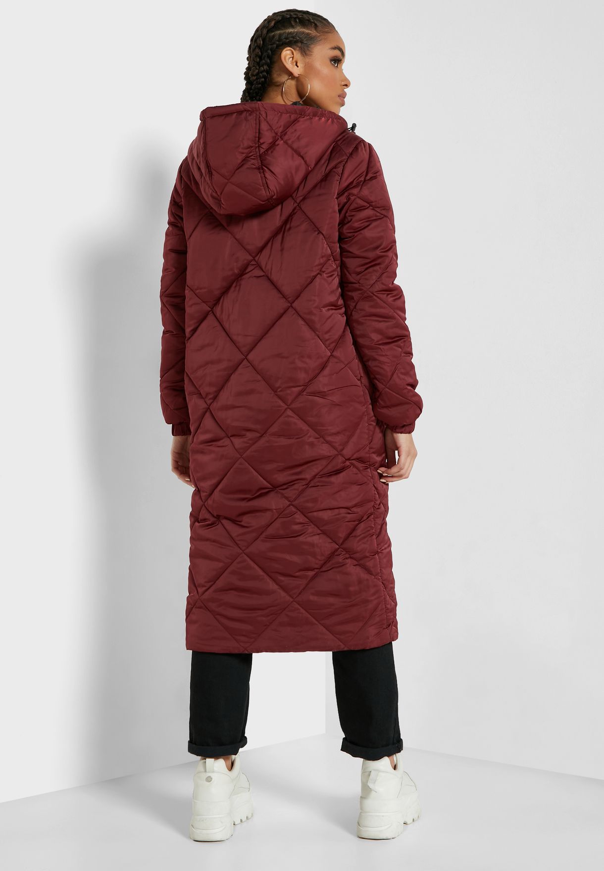 burgundy longline puffer jacket