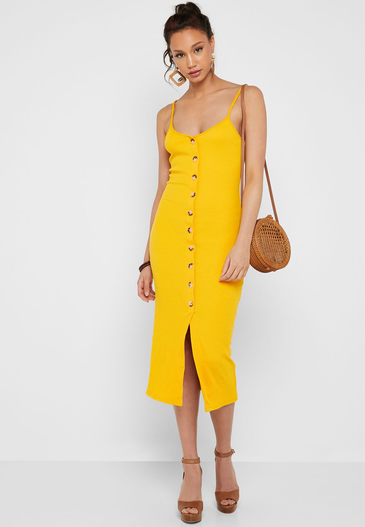 yellow dress with buttons down the front