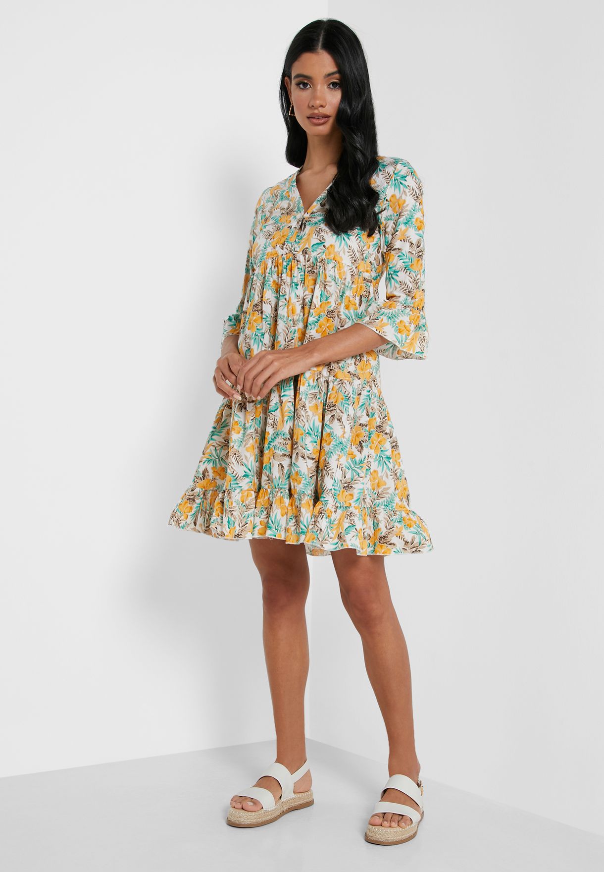 floral print ruffle trim mini dress