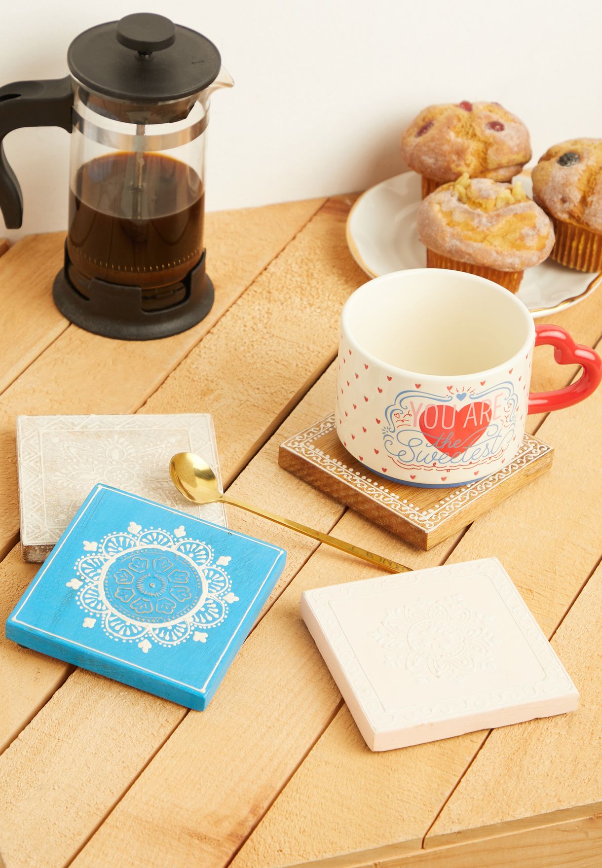 Set Of 4 Square Painted Wooden Coasters