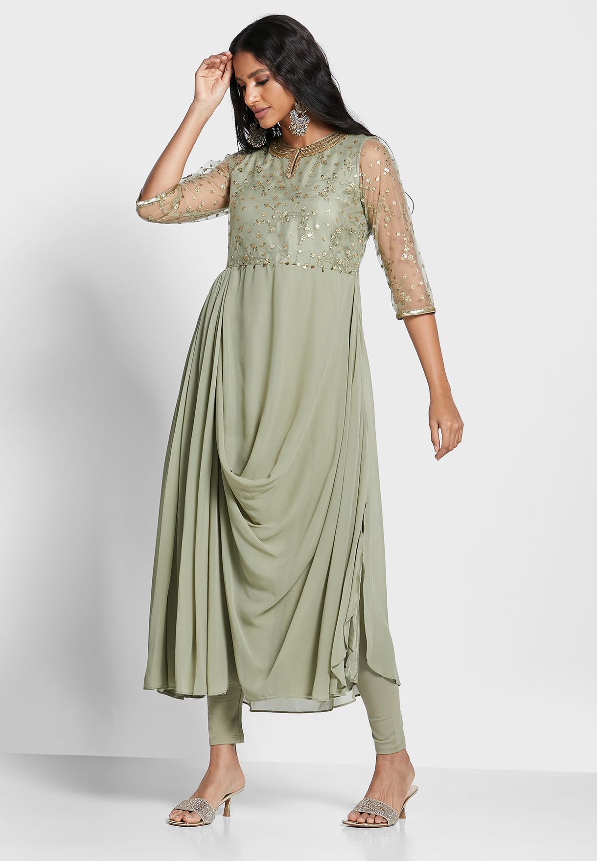 Mesh Sleeves Asymmetric Kurti