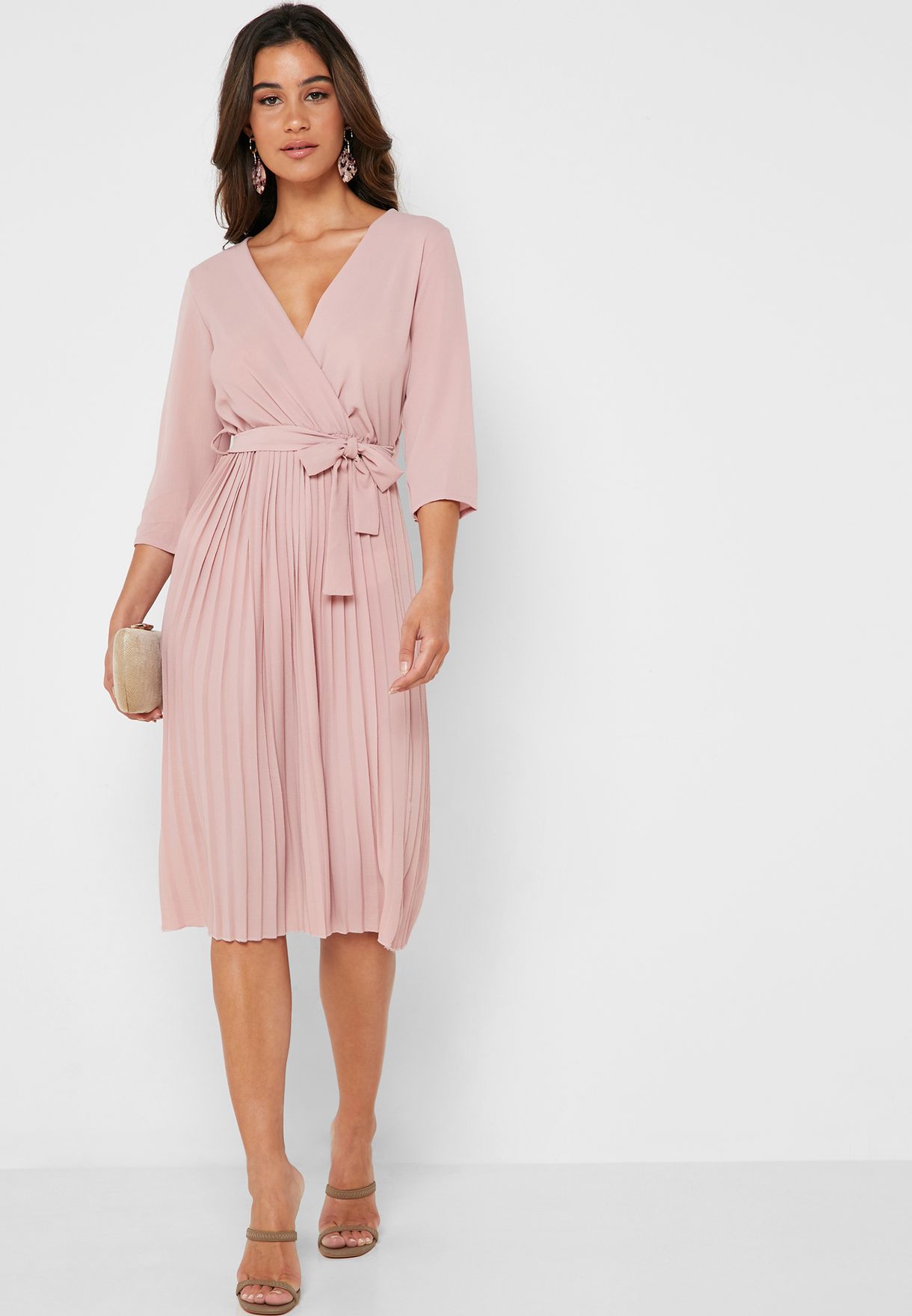 wrap front pleated dress