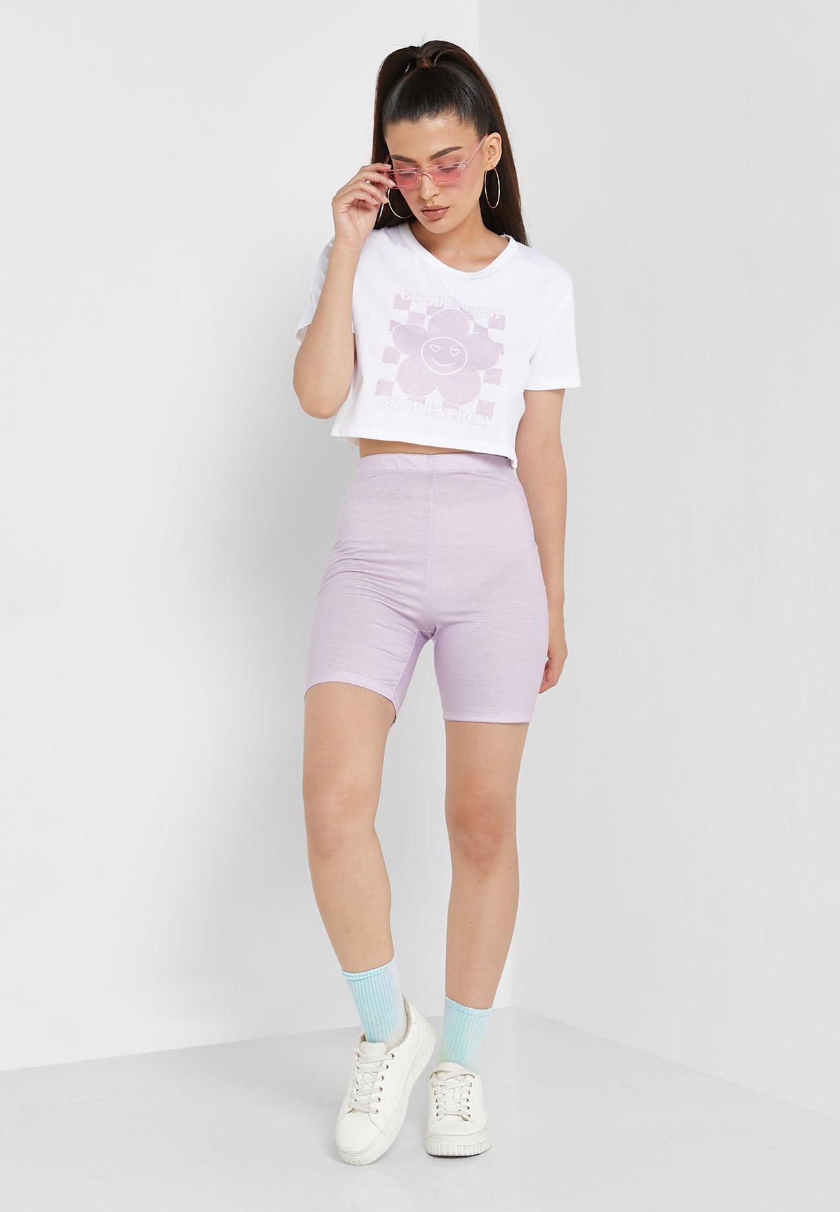 Colourblock Graphic Cropped Tee & Shorts Set