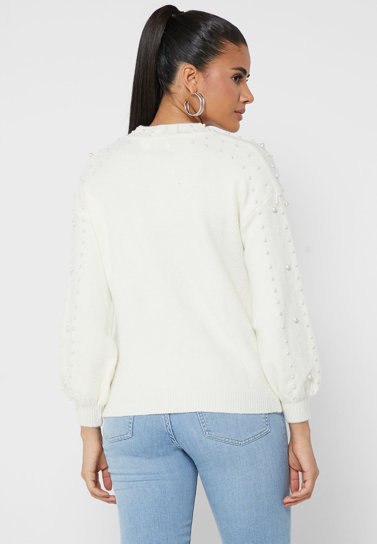Pearl Detail Round Neck Sweater