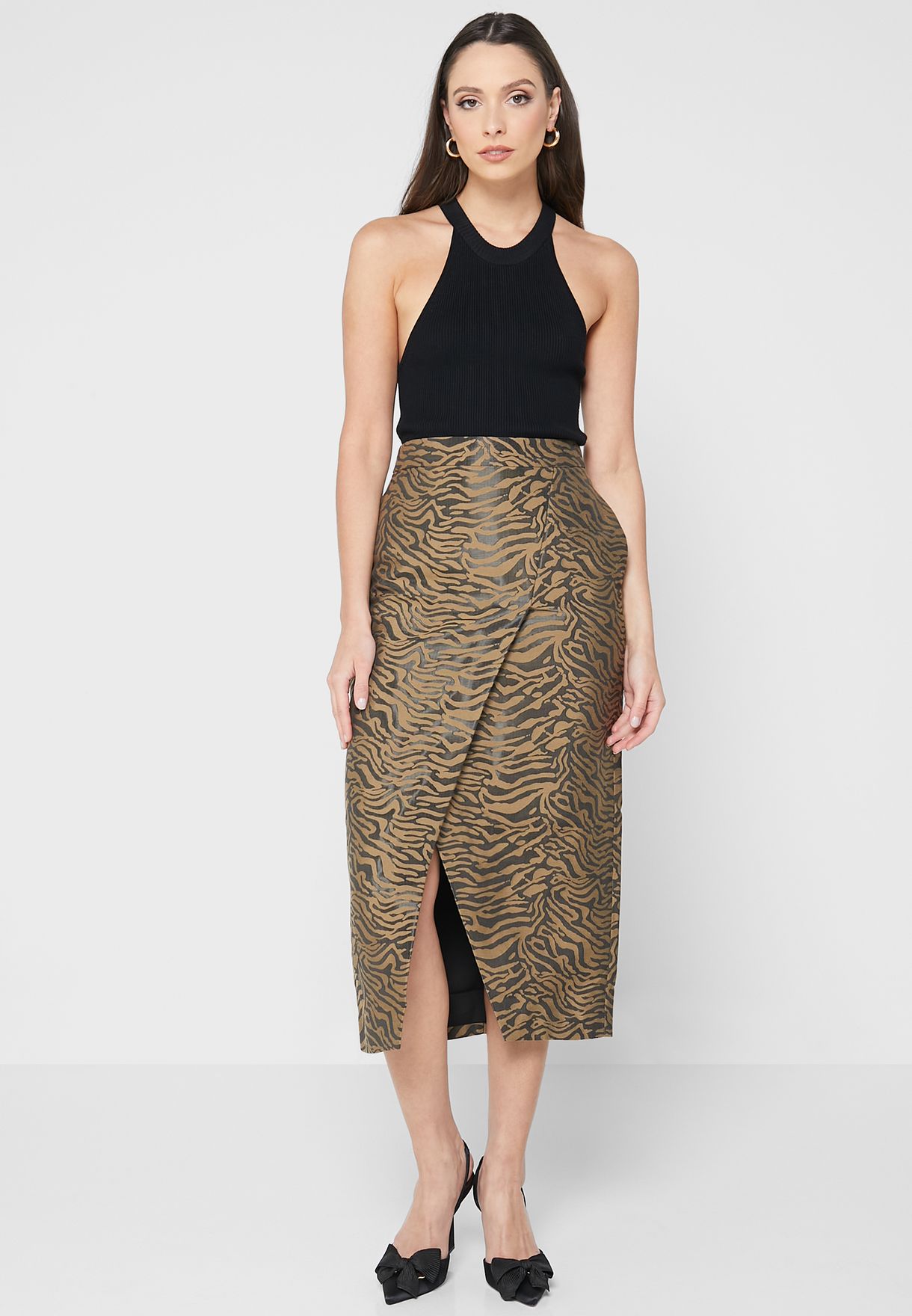 Pleated Wrap Midi Skirt
