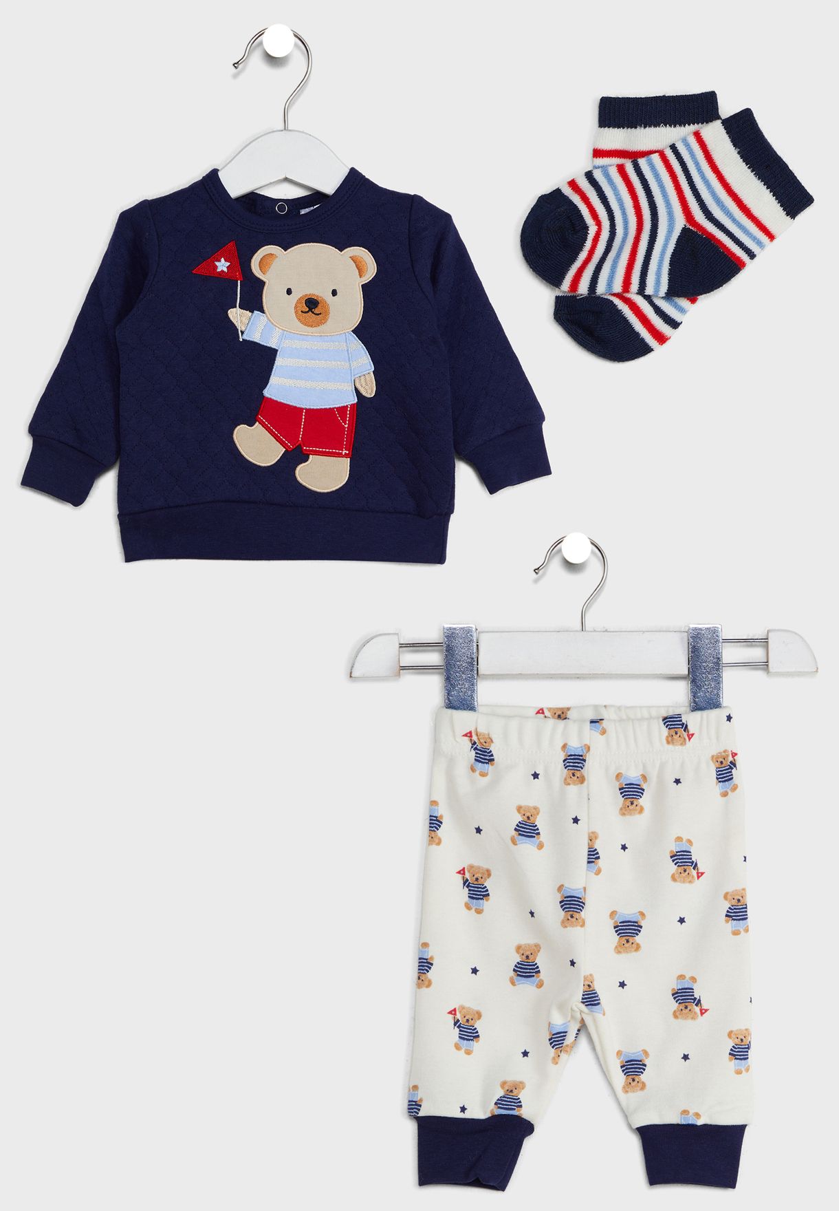 Infant Bear Quilted Top Jogger And Sock Set