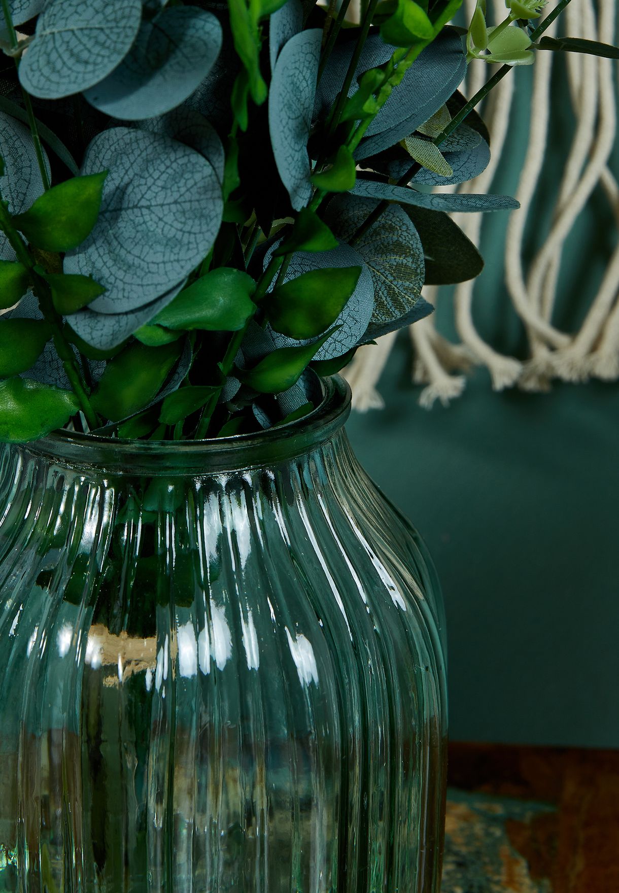 Faux Ferns & Eucalyptus Stems in Glass Vase