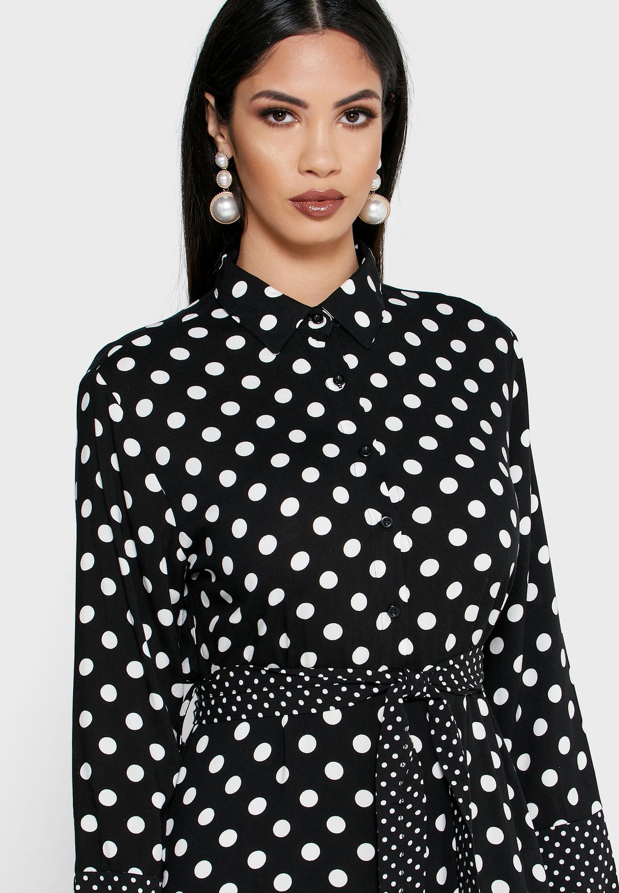 Polka Dot Self Tie Shirt Maxi Dress