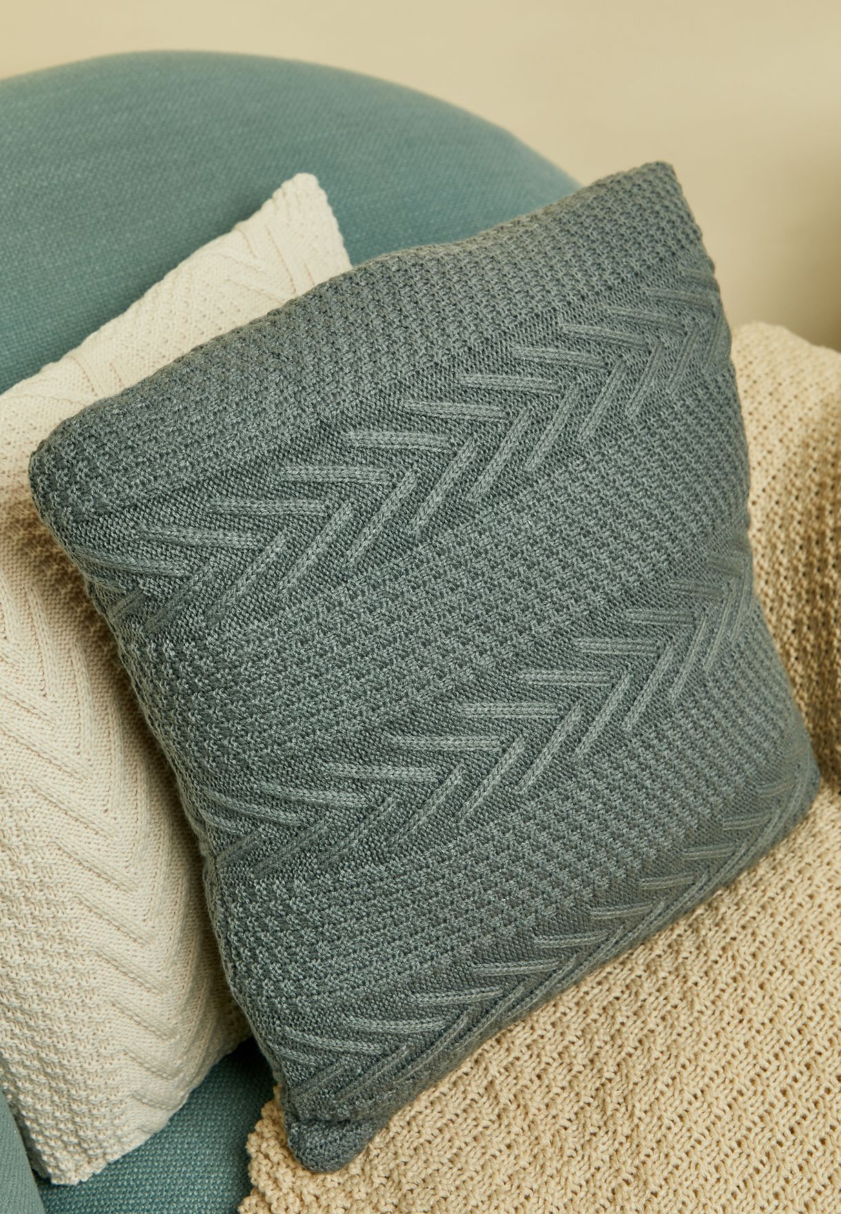 Grey Knitted Cushion With Insert 45X45Cm