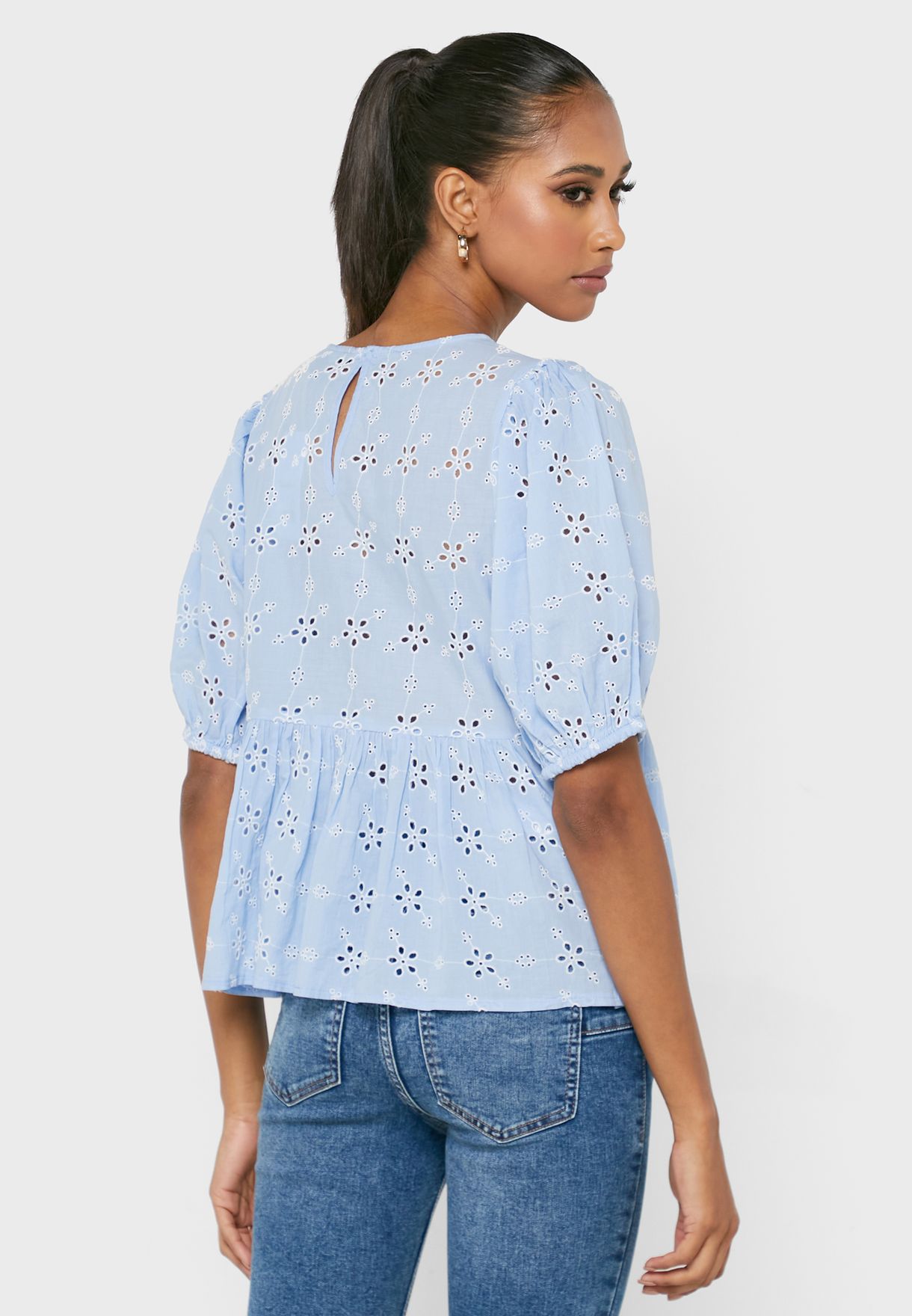 Broidered Balloon Sleeve Peplum Top