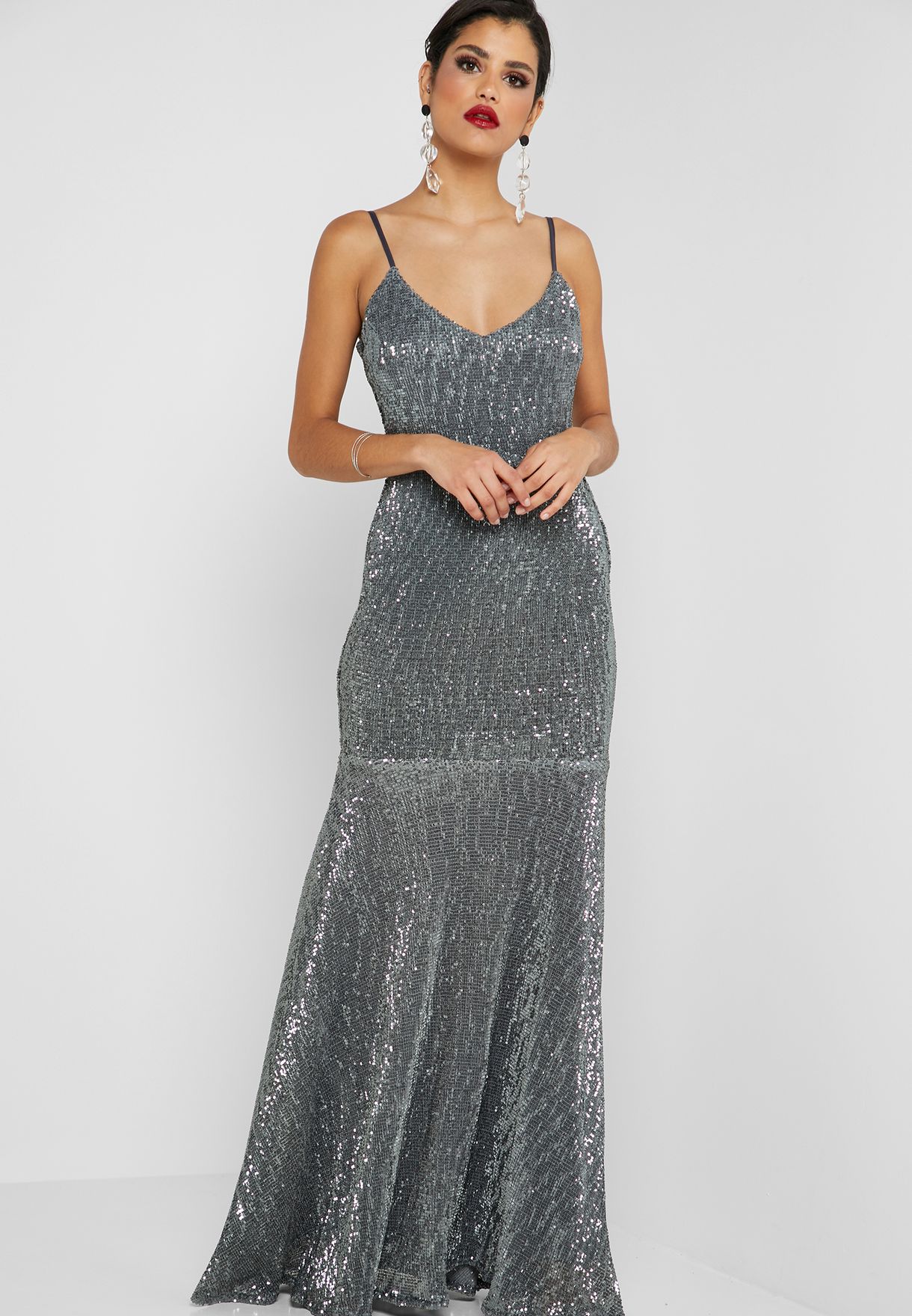 Buy Ella Limited Edition grey Sequin Fishtail Maxi Dress for Women in ...