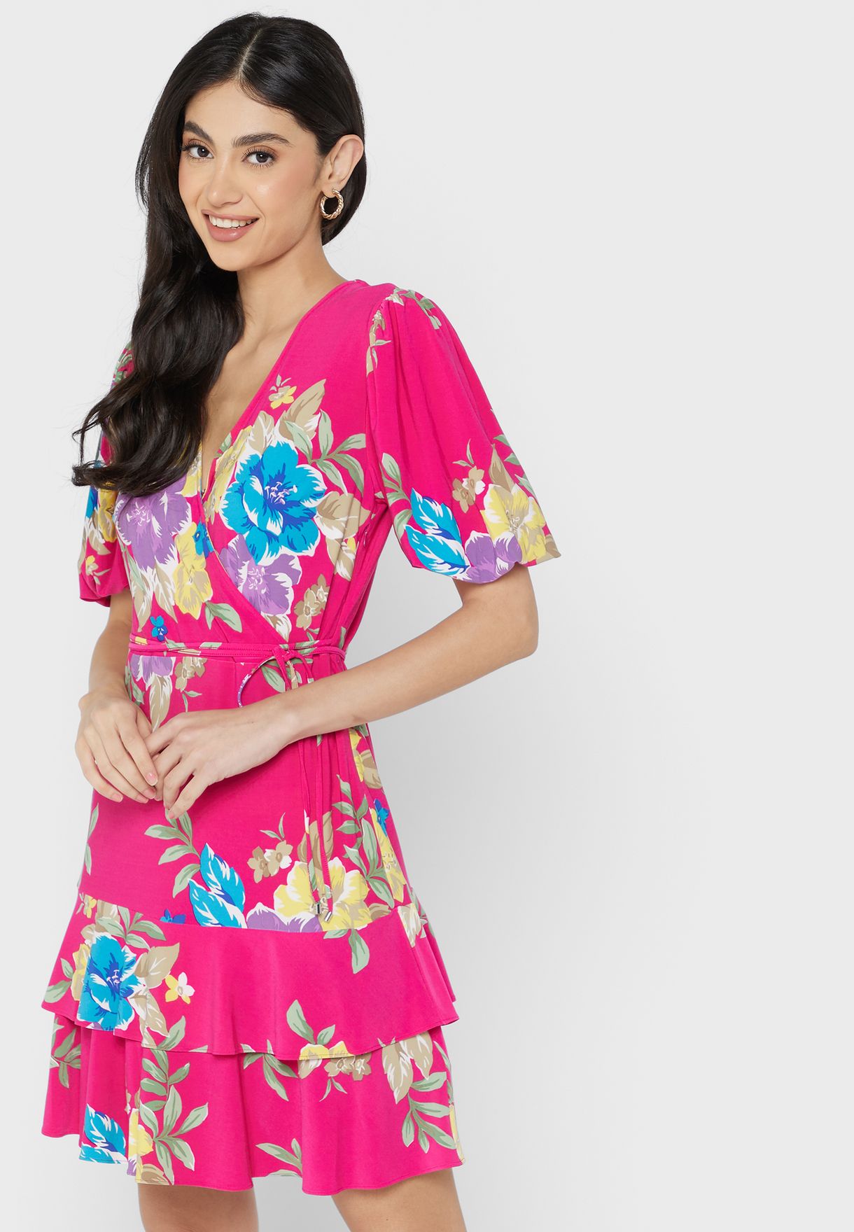 Buy Lauren Ralph Lauren pink Puff Sleeve Ruffle Tie Detail Dress for ...