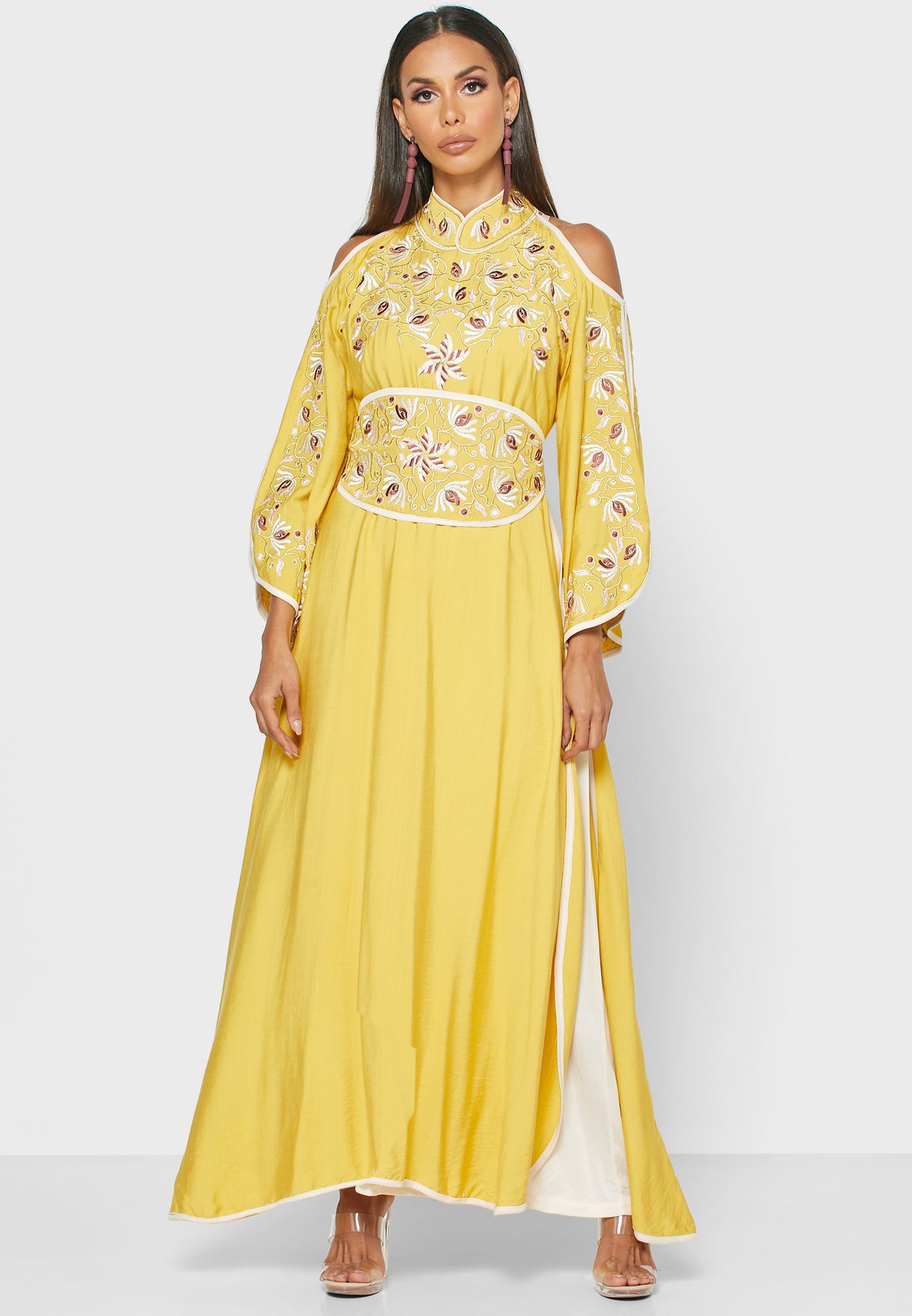 Buy Amri yellow Embroidered Kaftan for Women in MENA, Worldwide
