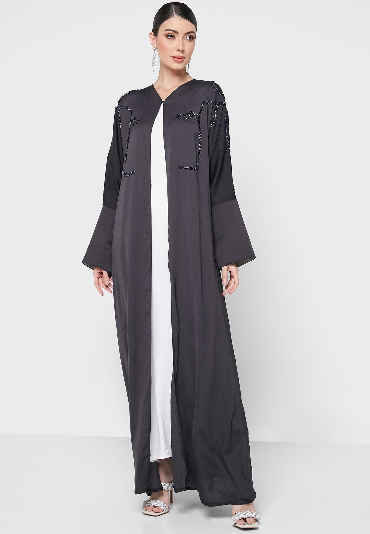 Buy Hayas Closet grey Tiered Embellished Abaya for Women in MENA, Worldwide