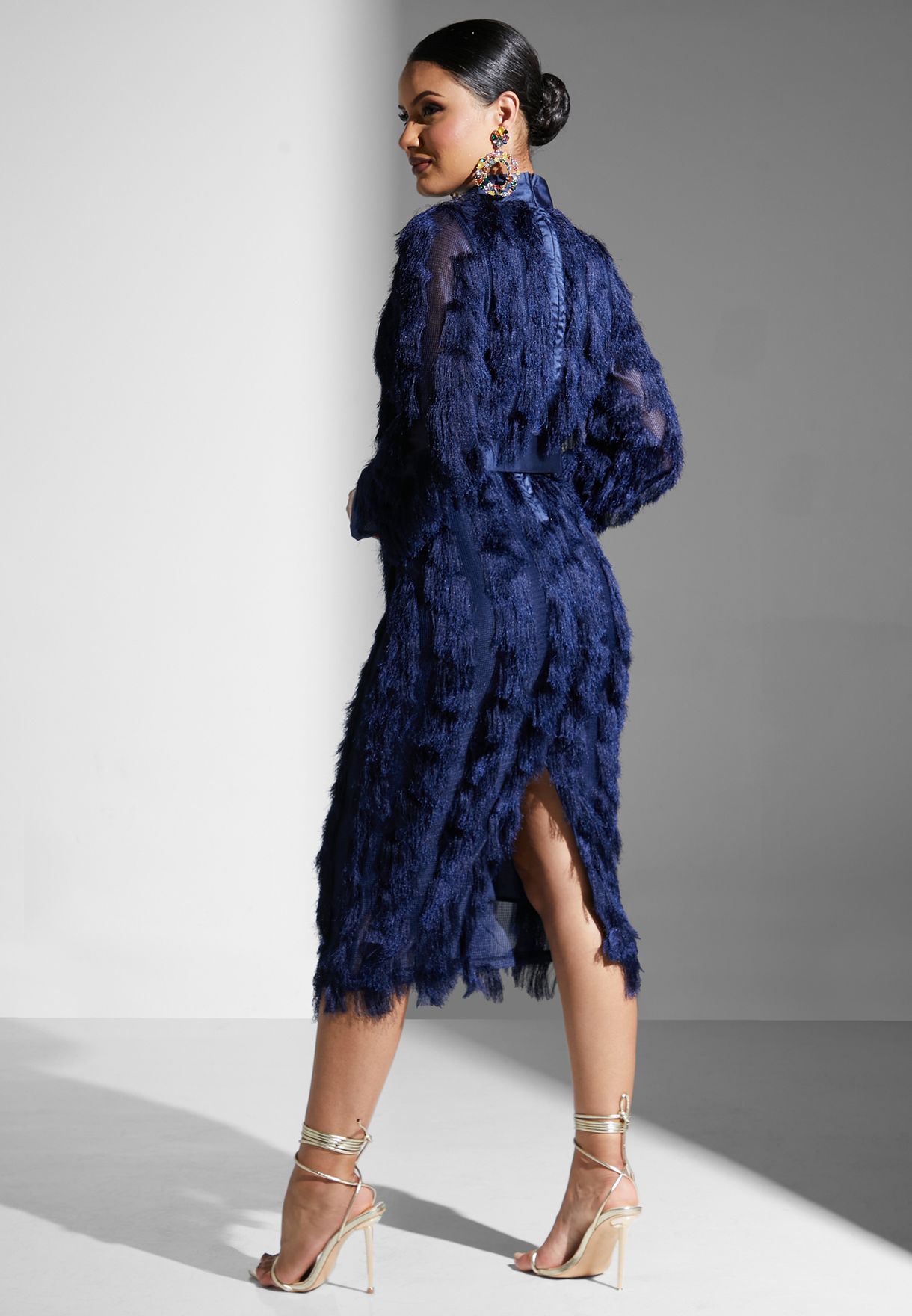 Fur High Neck Embellished Belted Dress