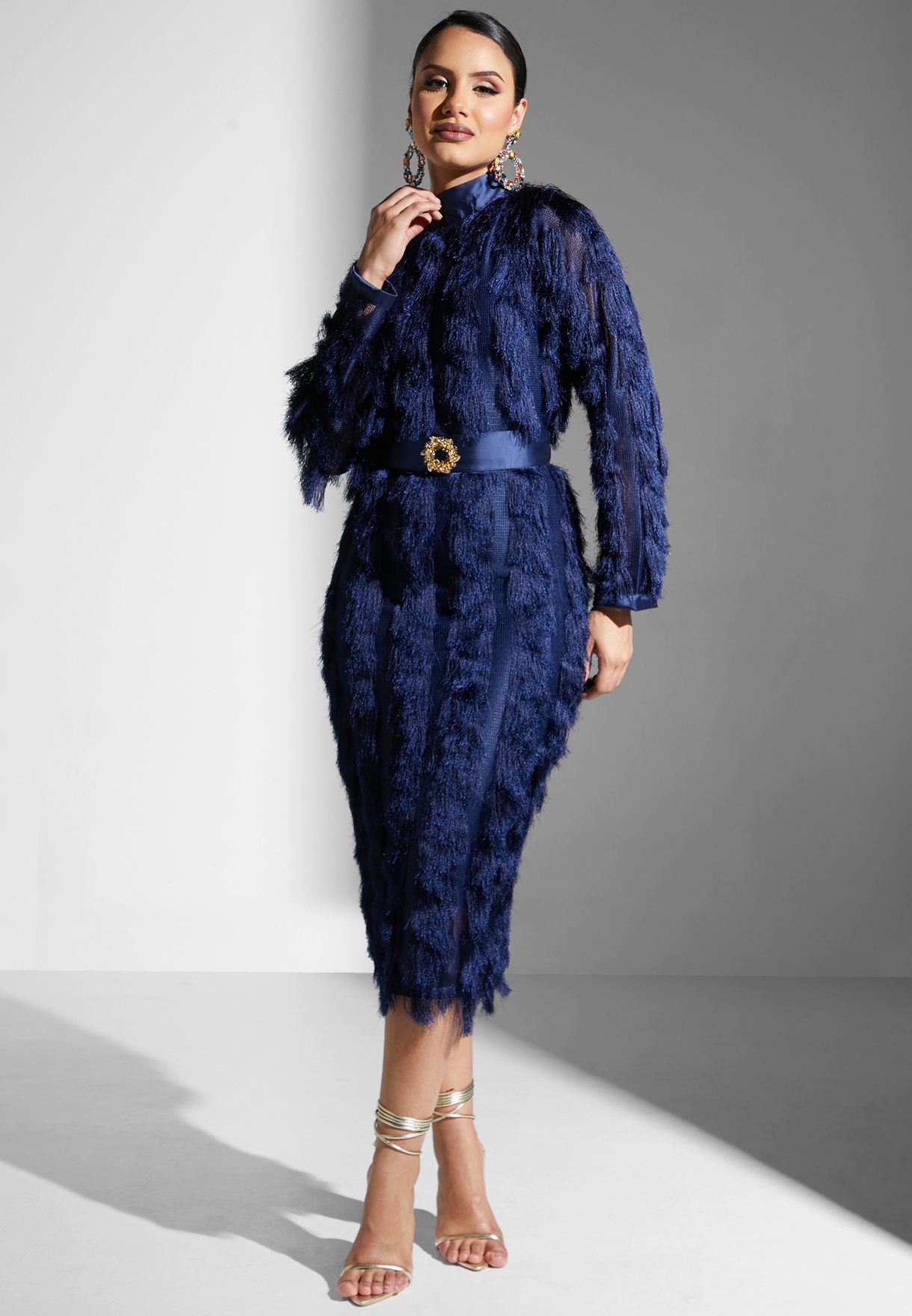Fur High Neck Embellished Belted Dress