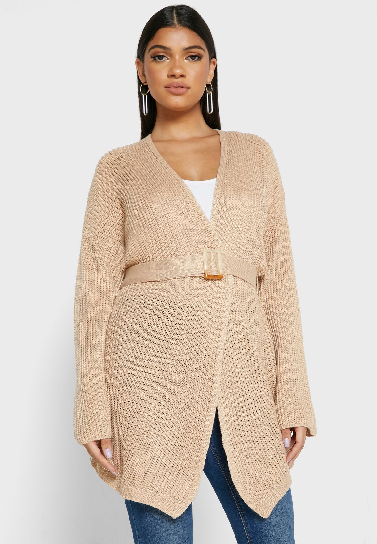beige belted cardigan
