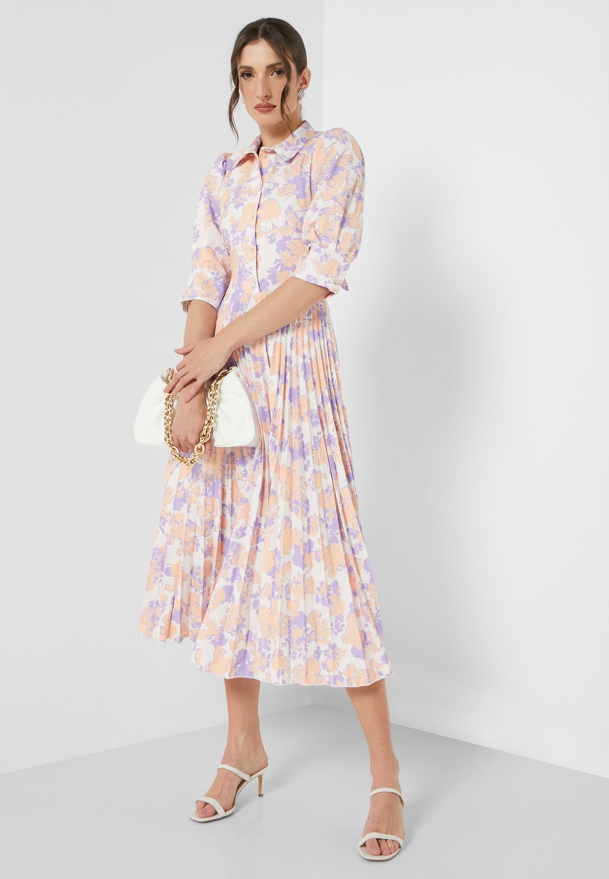 Printed Button Detail Floral Print Dress