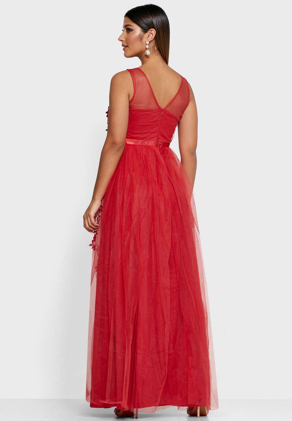 Embroidered Mesh Overlay Maxi Dress