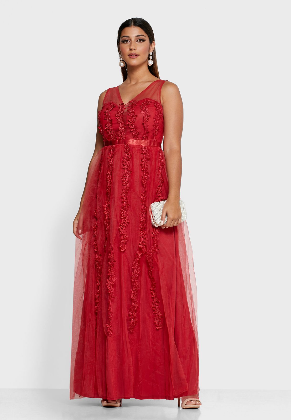 Embroidered Mesh Overlay Maxi Dress