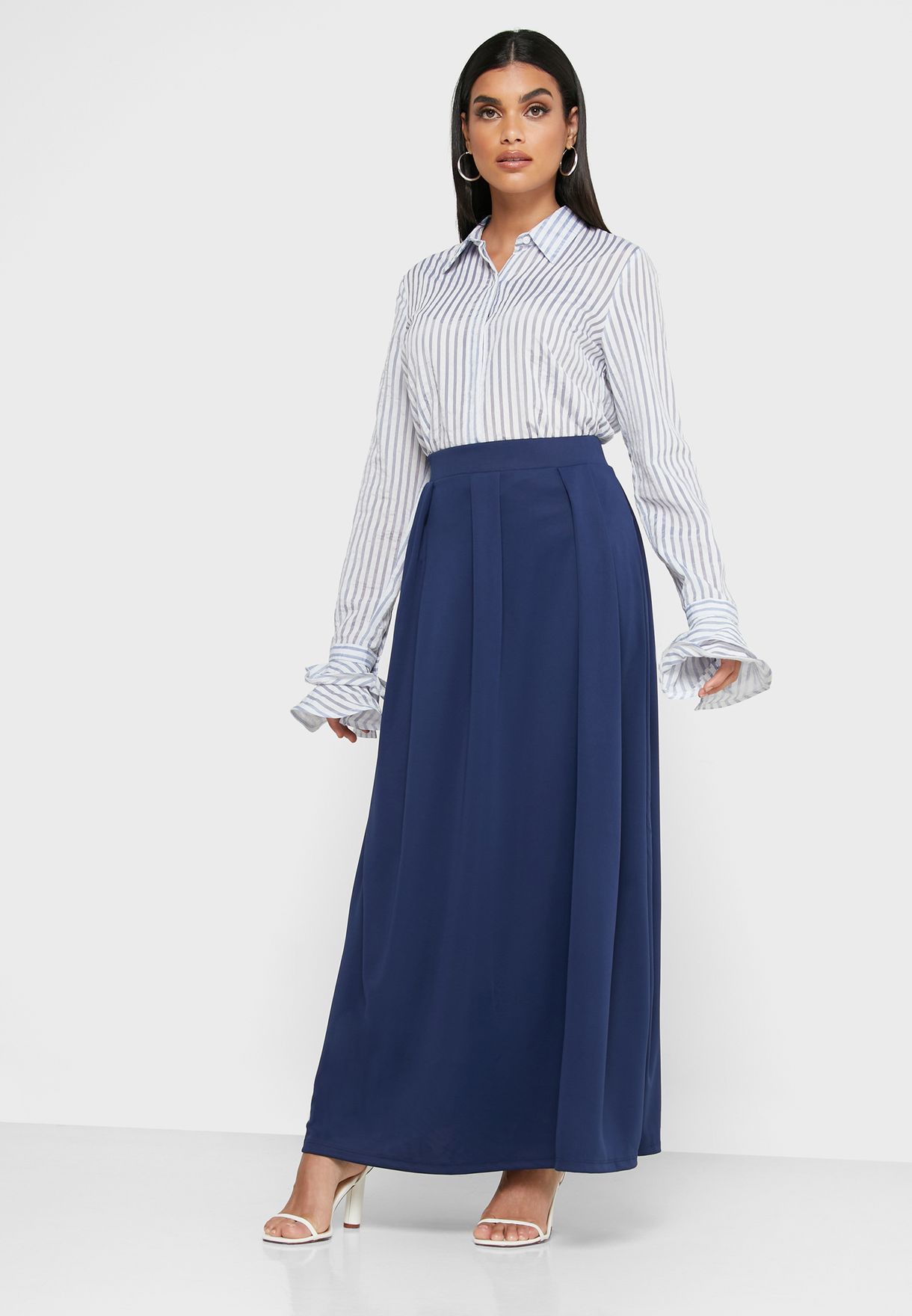 navy pleated maxi skirt