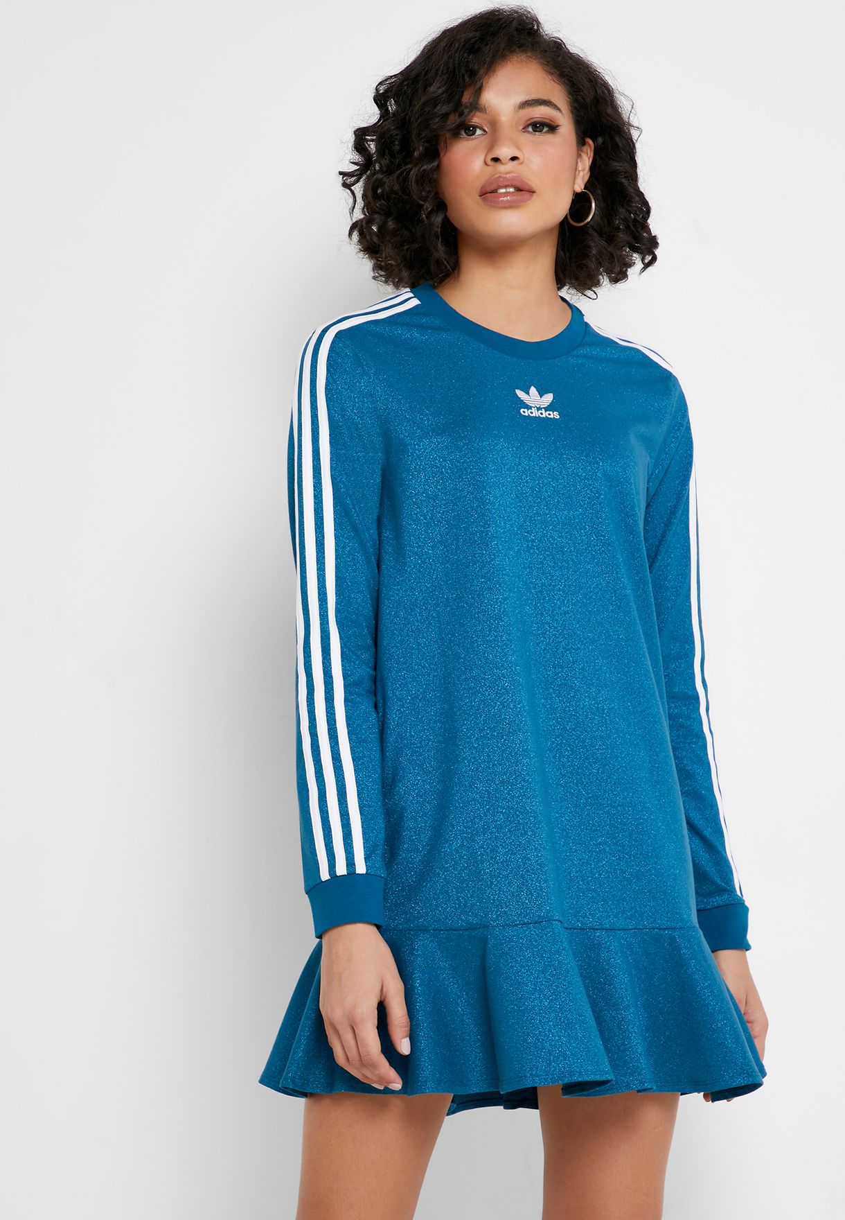 Buy Adidas Originals Green 3 Stripe T Shirt Dress For Women In
