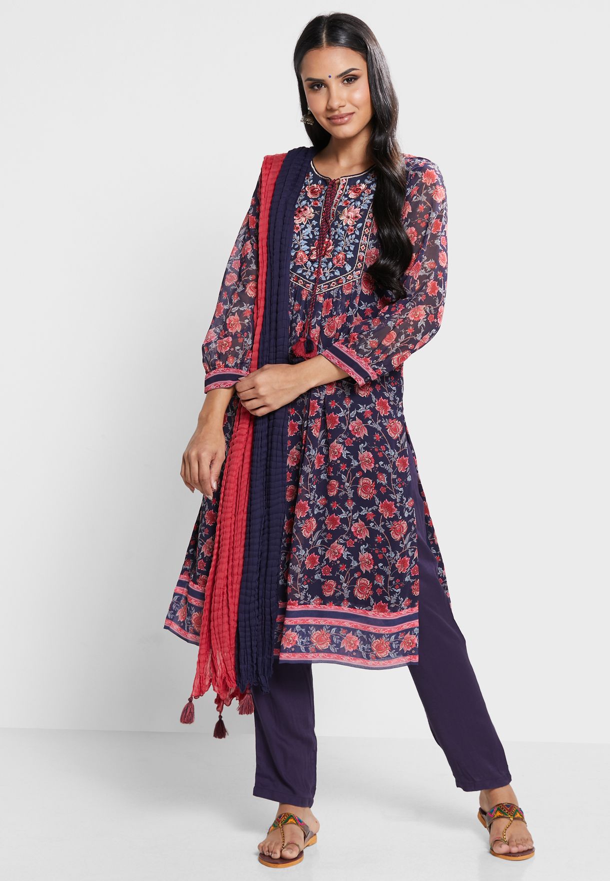 Printed Kurti & Pants Set With Dupatta