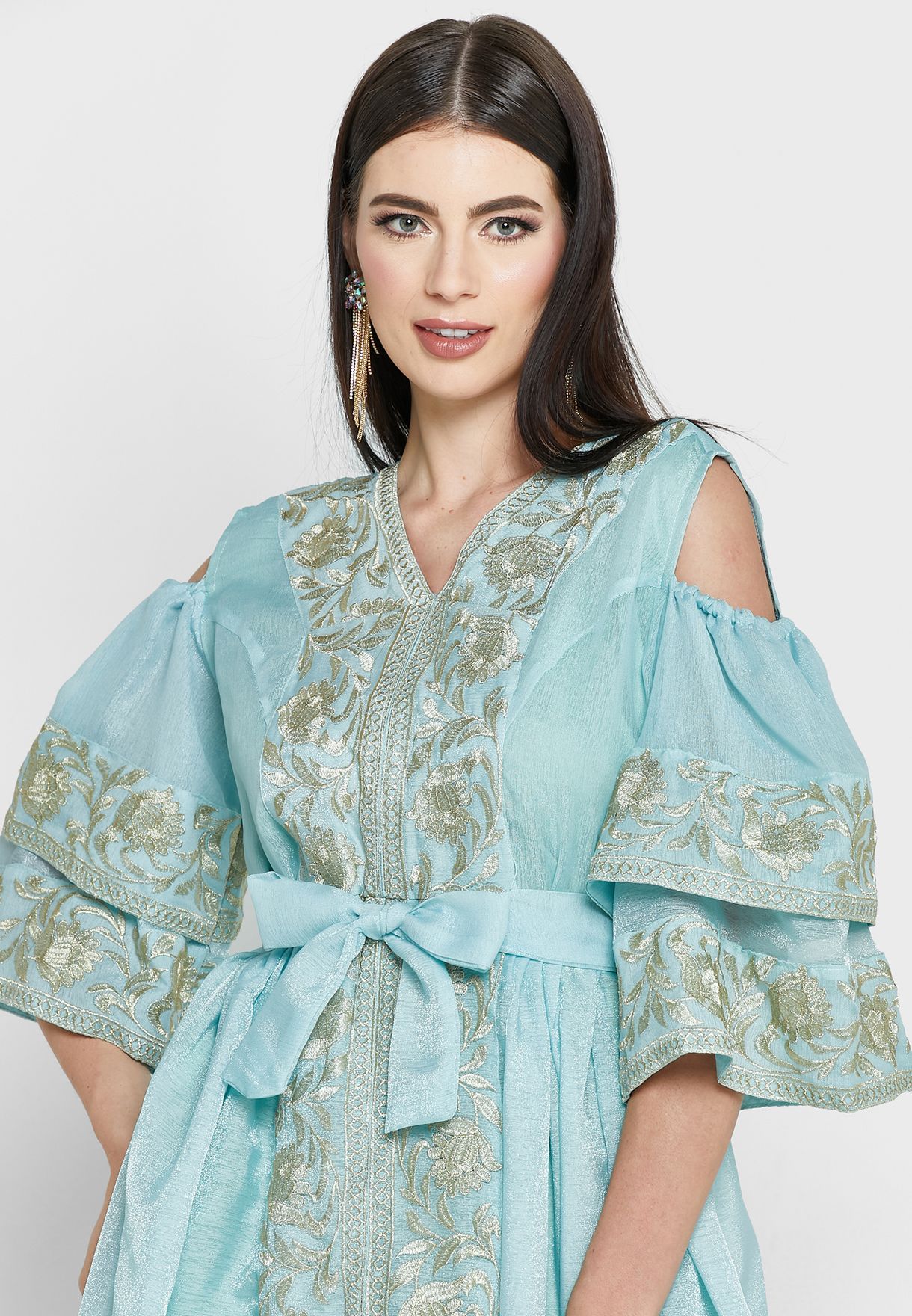 Ruffle Sleeve Belted Embroidered Dress