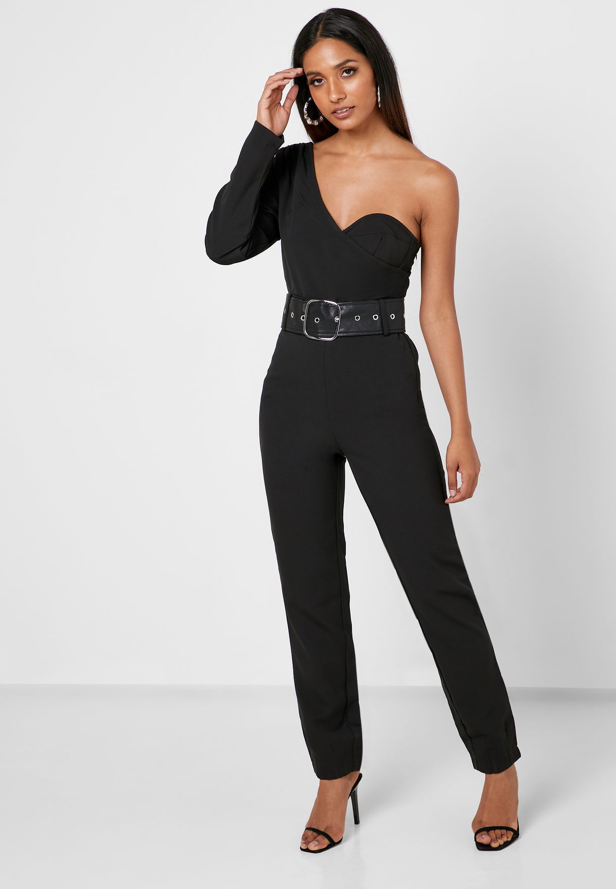 black belted one shoulder jumpsuit