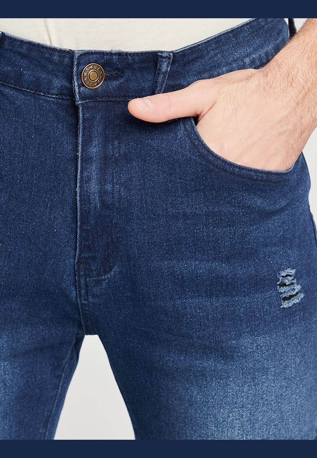 Mid Washed Slim Fit Jeans With Distress Detail