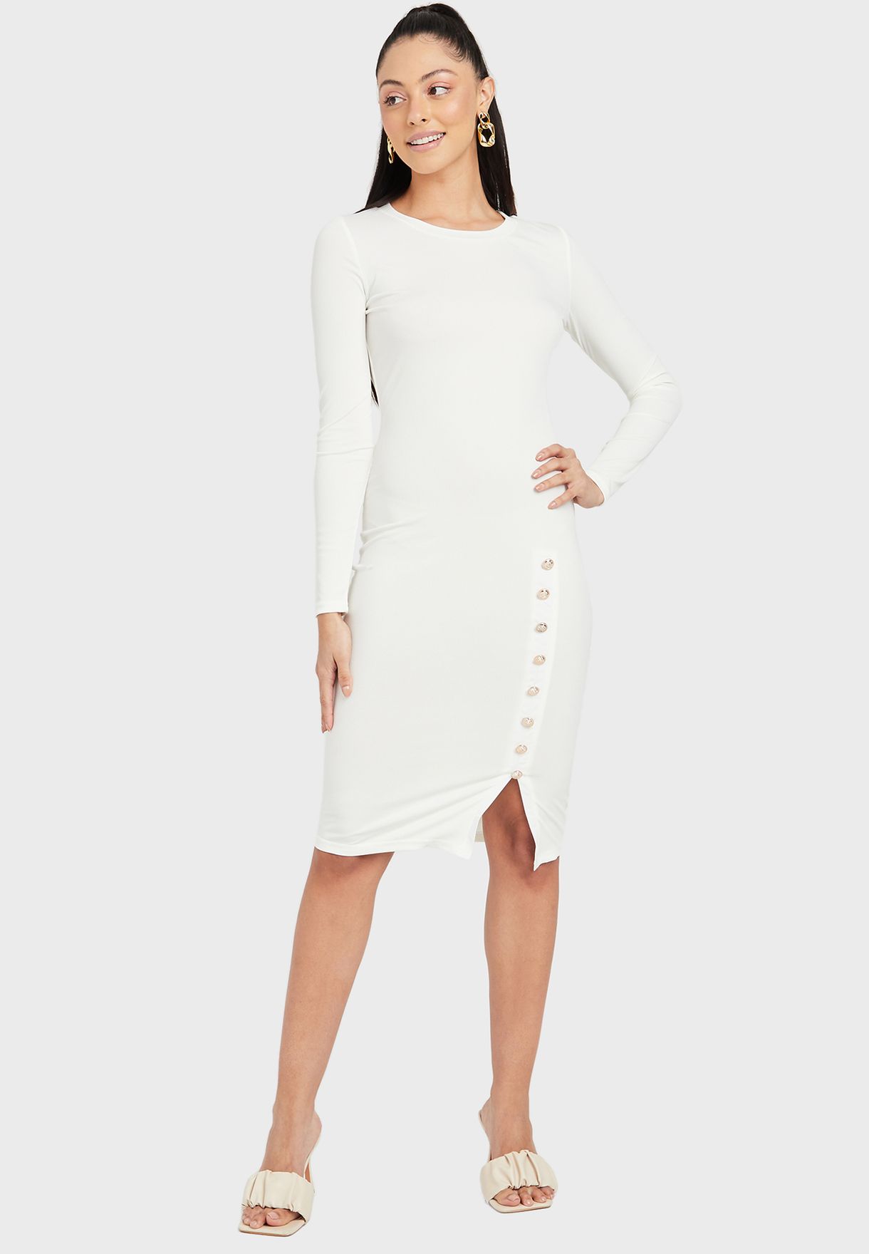 Buy Styli white Long Sleeves Knit Bodycon Midi Dress with Side Button  Detail for Women in Muscat, Salalah