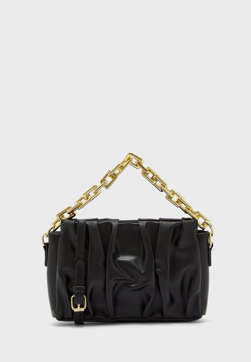 Ruched Handbag With Chain And Multi Straps