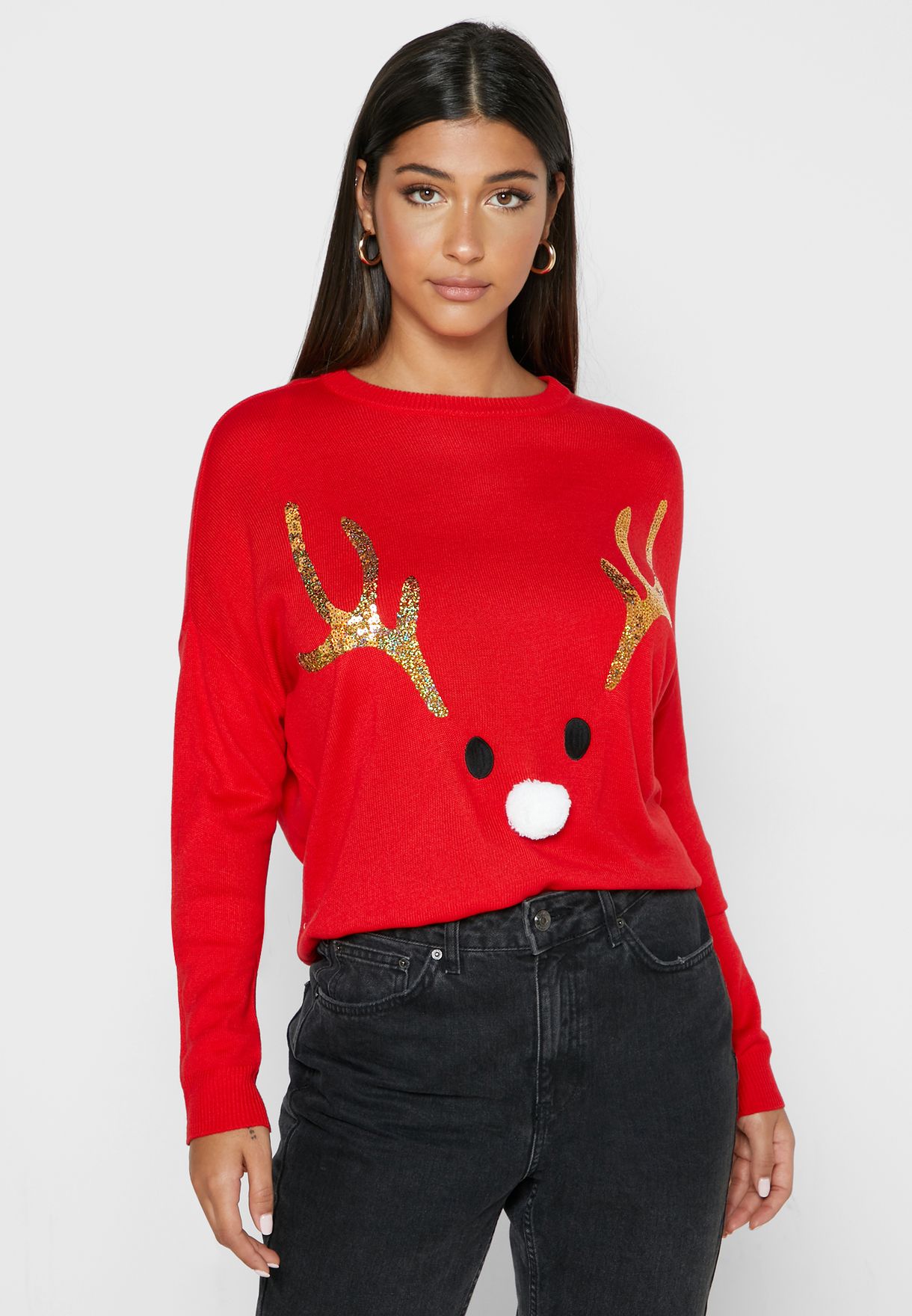 red crew neck sweater women's