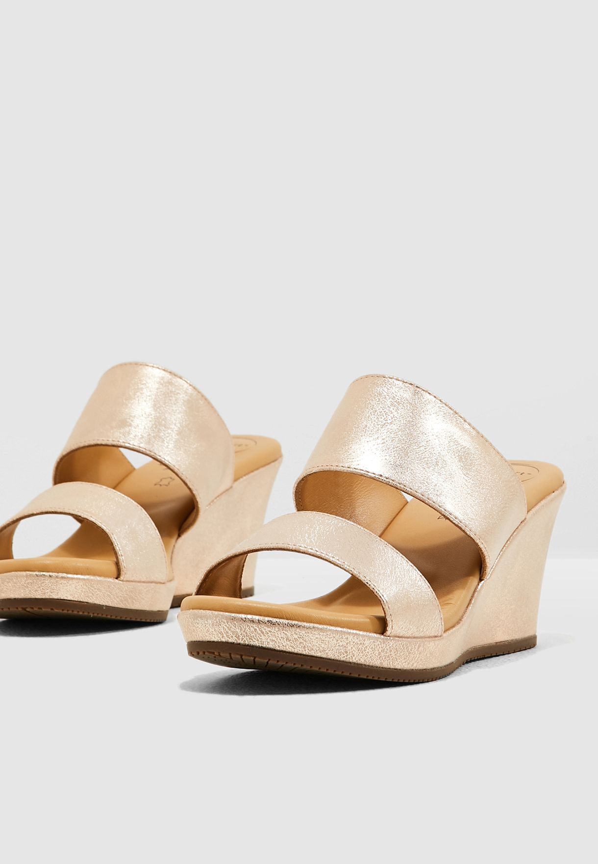 gold mule wedges