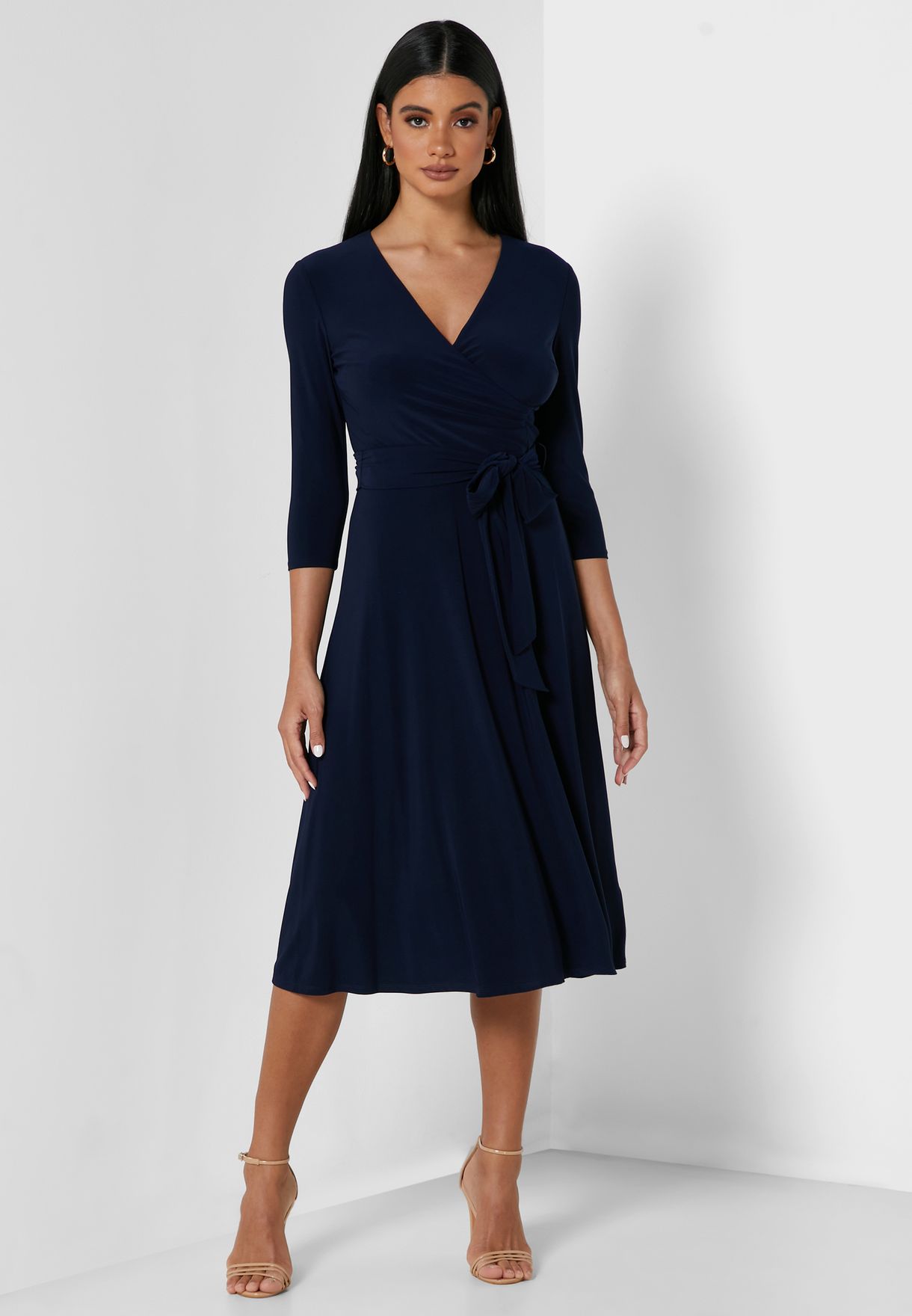 Buy Lauren Ralph Lauren navy Carlyna Side Tie Wrap Dress for Women in ...